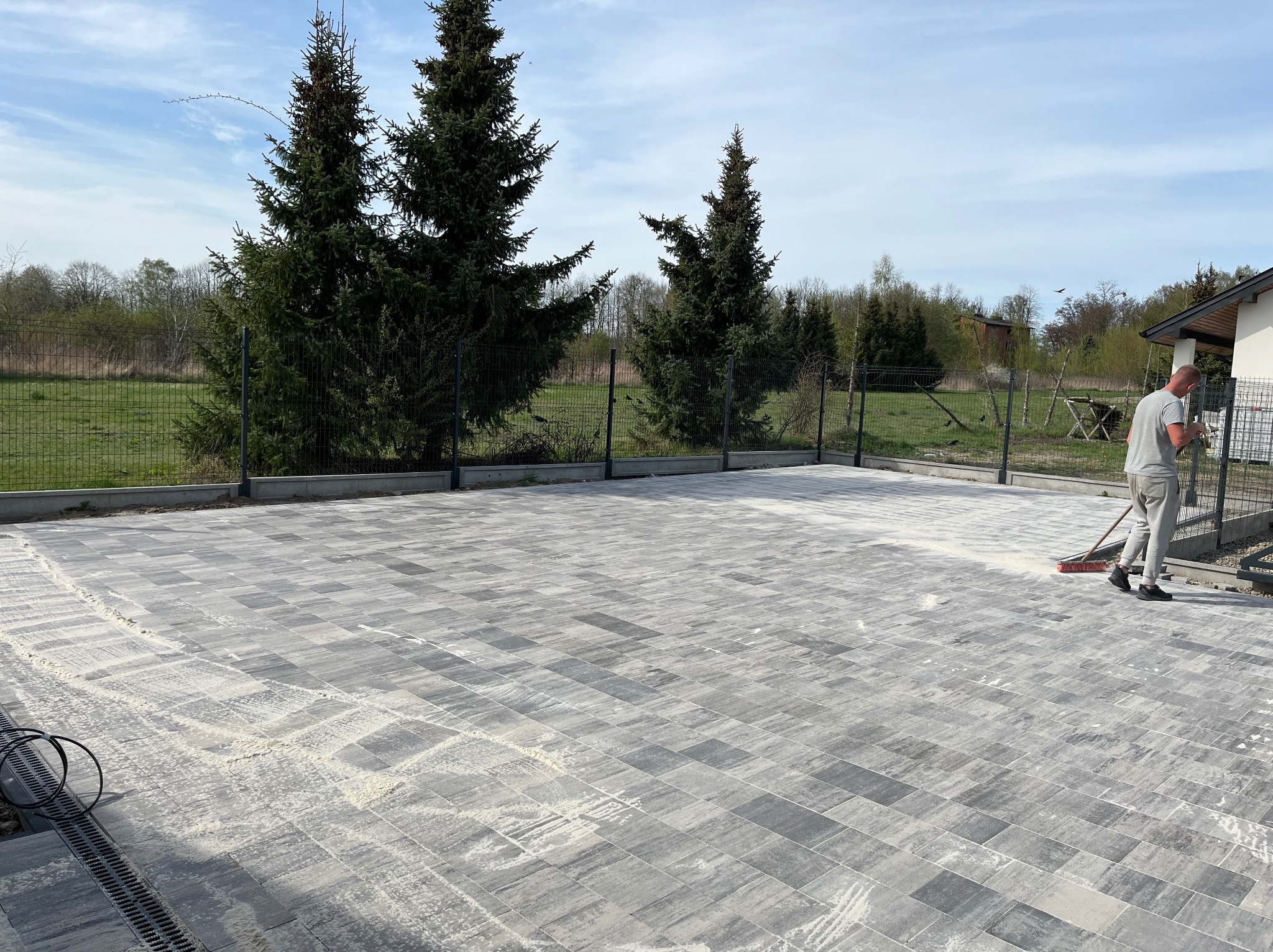Ułożona, szara kostka brukowa z fugami zasypanymi piaskiem, czyszczona szczotką w Ciepielowie. Widoczne drzewa iglaste i ogrodzenie.