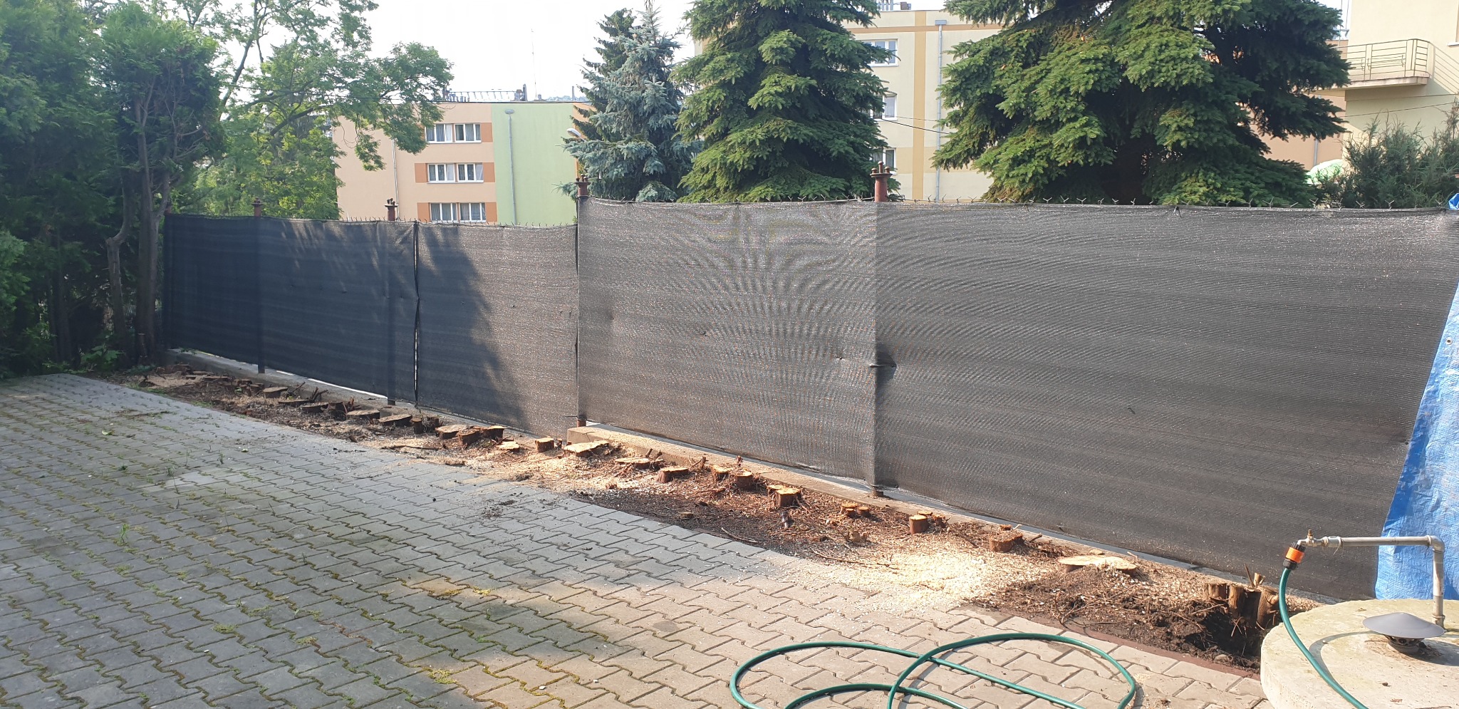 Ciemna siatka osłaniająca ogrodzenie, widoczne pnie ściętych drzew, kostka brukowa i zieleń w tle.