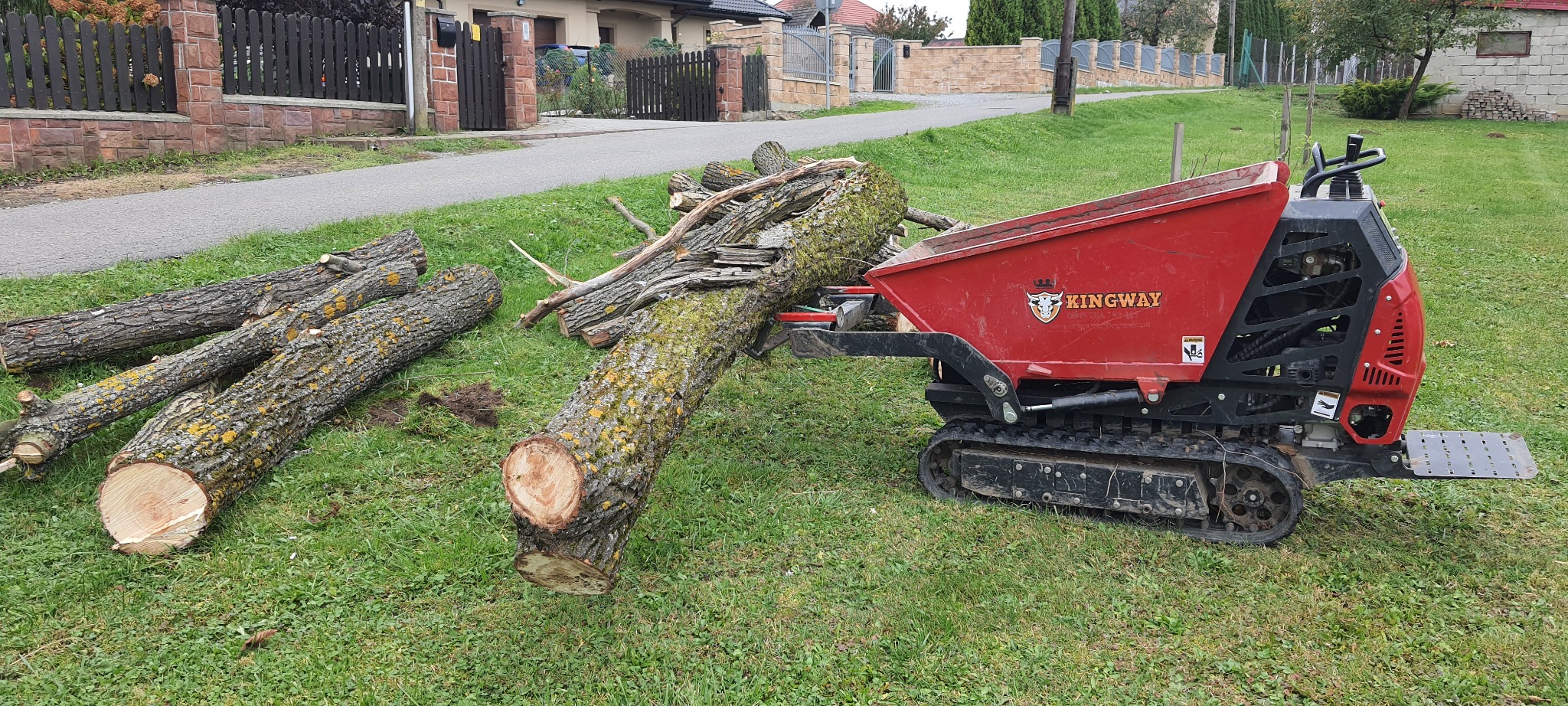 Ciężki, czerwony minitraktor gąsienicowy marki Kingway z załadowanym pniem drzewa na tle trawnika i ulicy z domami.