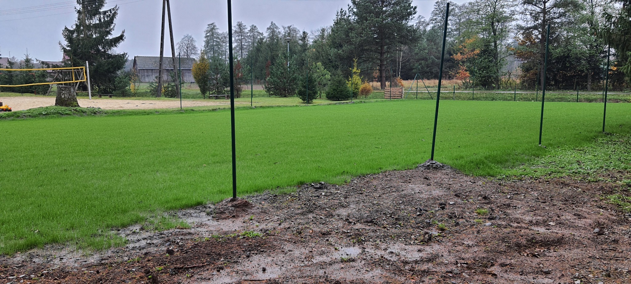 Nowo założony trawnik sportowy w Jarosławiu, z widocznymi słupkami do siatki i fragmentem grząskiego terenu przed trawnikiem.