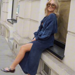 Marlena Jankowska - Kobieta w sukience w kolorze indygo i okularach przeciwsłonecznych siedzi na parapecie okna w kamienicy.