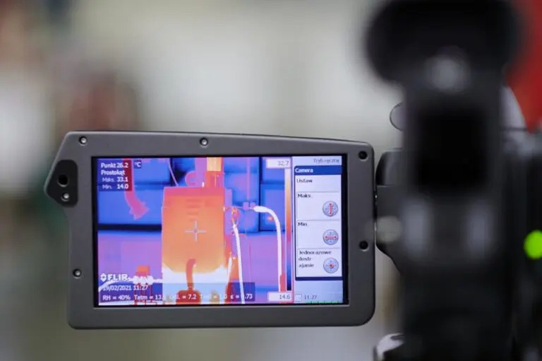 Ekran kamery termowizyjnej pokazujący rozkład temperatur na piecu lub kotle, z widocznymi parametrami pomiaru i ustawieniami kamery.