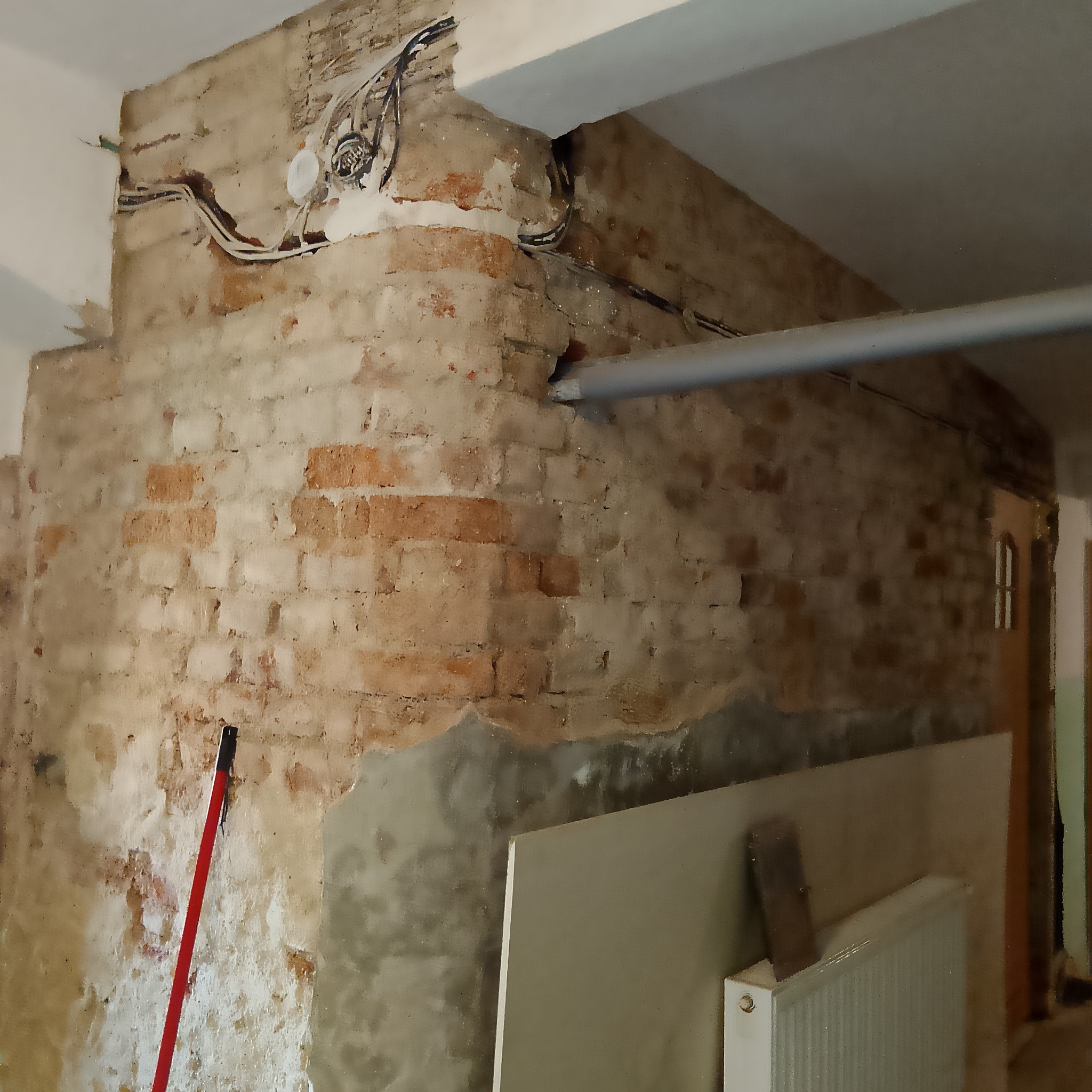 Narożnik pokoju w trakcie remontu: odsłonięta cegła, wystające przewody elektryczne, rura, płyta kartonowo-gipsowa oparta o ścianę, grzejnik