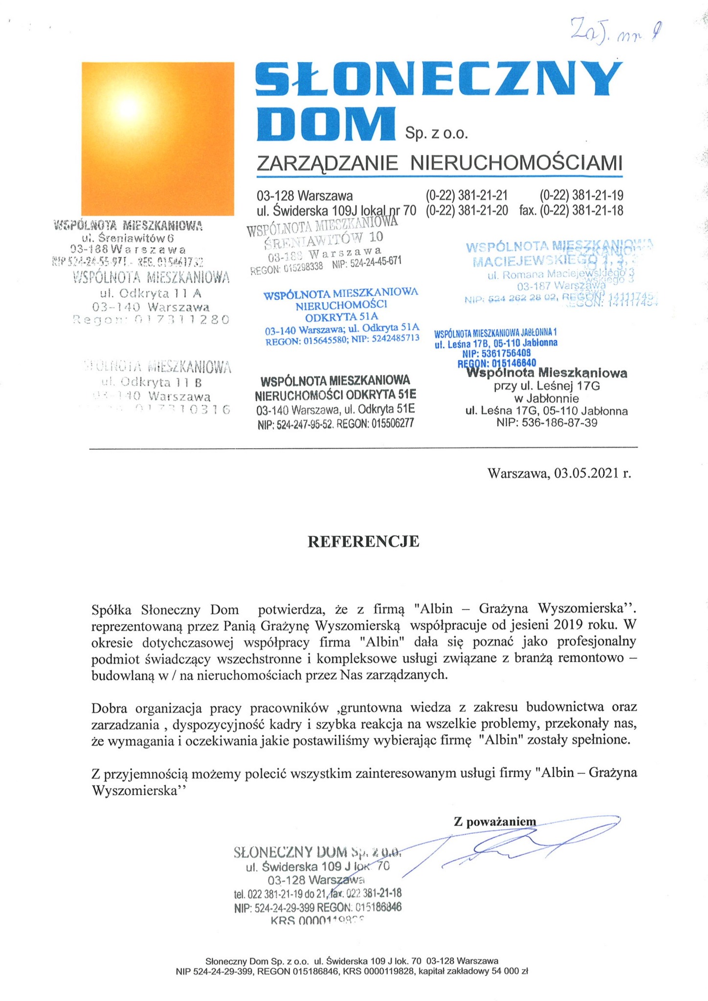 Skan dokumentu referencyjnego od firmy Słoneczny Dom dla firmy Albin Grażyna Wyszomierska, potwierdzający współpracę i polecający usługi remontowo-budowlane.