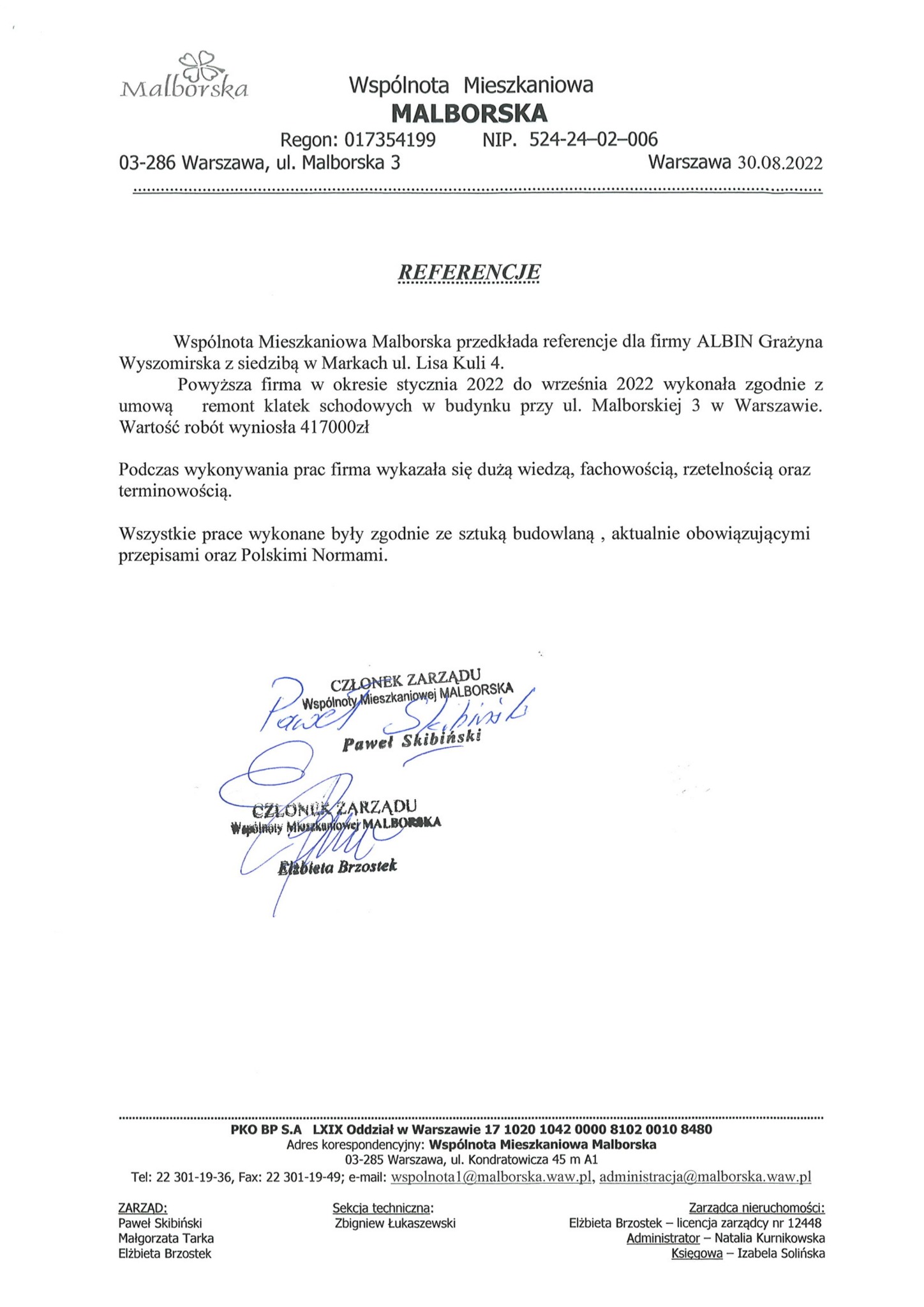 Skan dokumentu referencyjnego dla firmy ALBIN Grażyna Wyszomirska od Wspólnoty Mieszkaniowej Malborska, potwierdzającego wykonanie remontu klatek schodowych w budynku przy ul. Malborskiej 3...