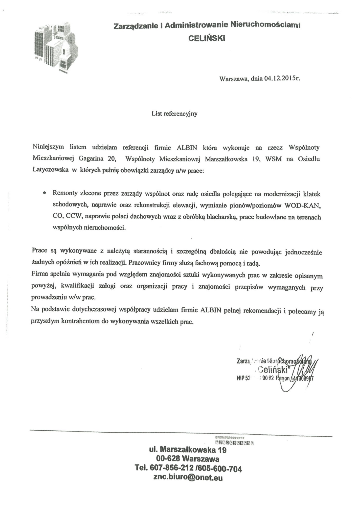 Skan listu referencyjnego dla firmy ALBIN, wystawionego przez Zarządzanie Nieruchomościami Celiński, datowany na 04.12.2015, z informacją o remontach i modernizacjach wykonywanych na rzecz wspólnot...
