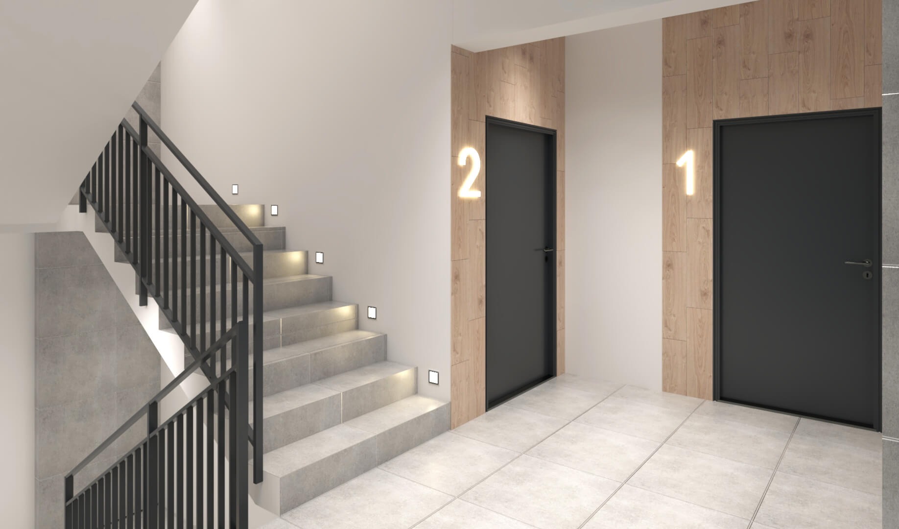 Klatka schodowa w budynku biurowym z szarymi schodami podświetlonymi punktowymi lampkami, czarną balustradą i drzwiami oznaczonymi numerami 1 i 2, wykończona panelami imitującymi drewno.
