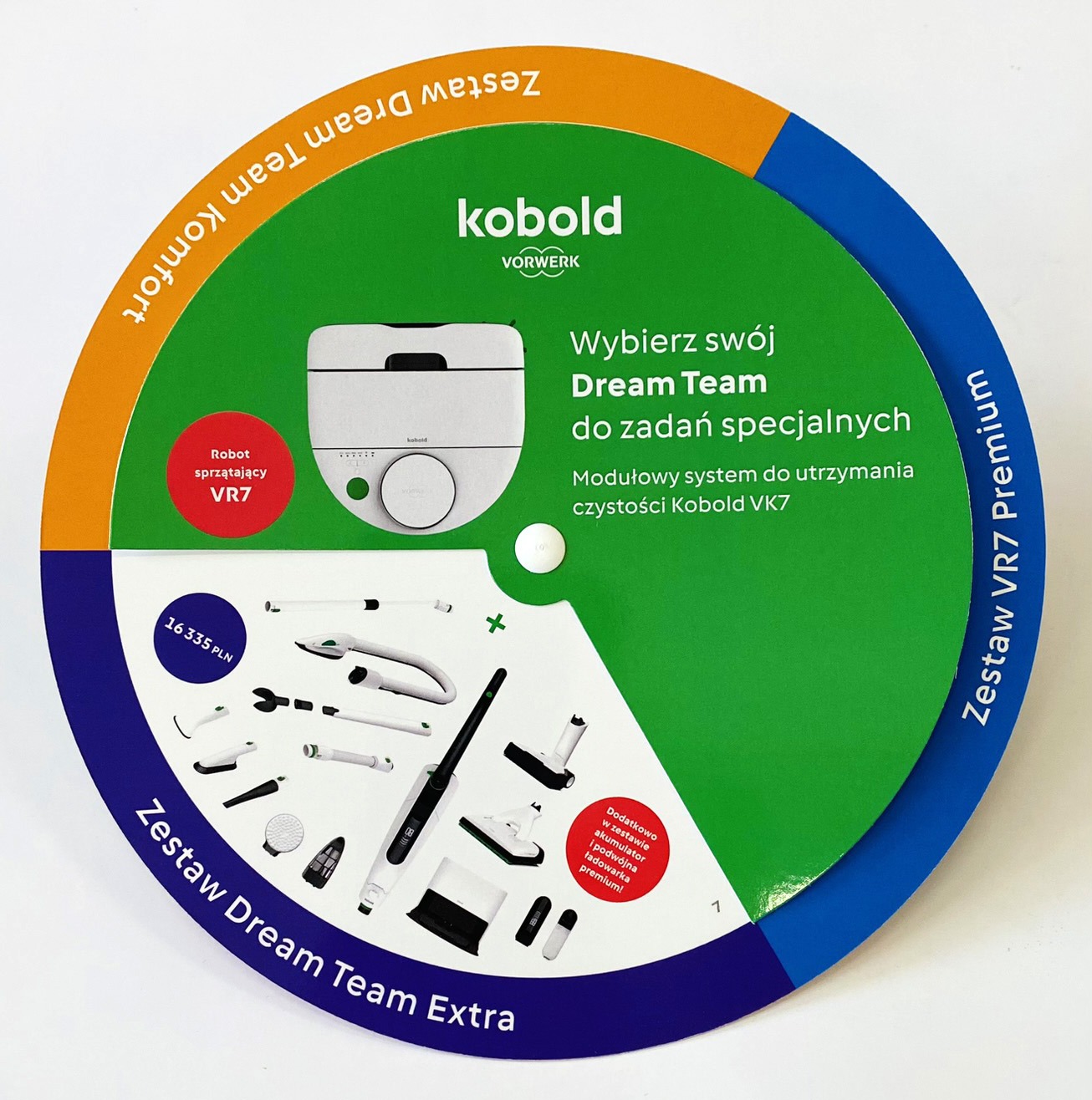 Okrągła ulotka reklamowa Kobold prezentująca robot sprzątający VR7, odkurzacz VK7 oraz dodatkowe akcesoria w zestawie, z informacją o cenie 16335 PLN.