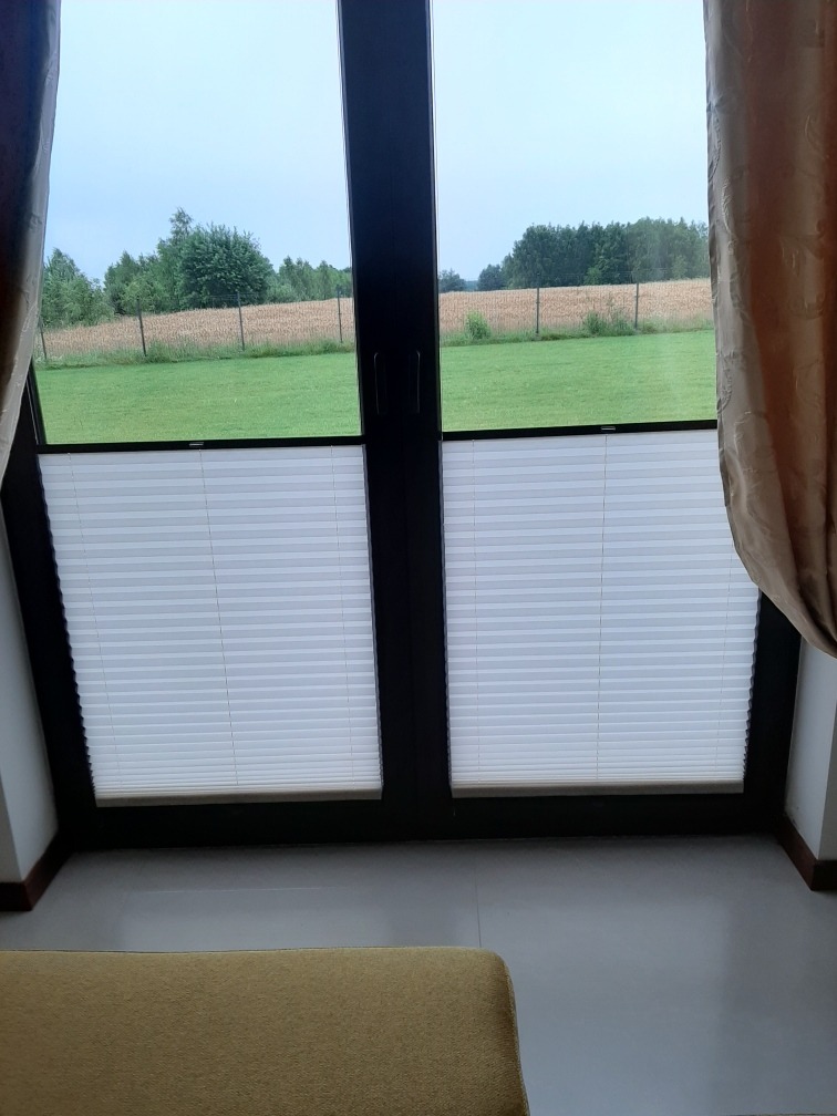 Okno dachowe z żaluzjami plisowanymi w kolorze białym, widok na pole i las za oknem, fragment żółtego fotela w dolnej części kadru.