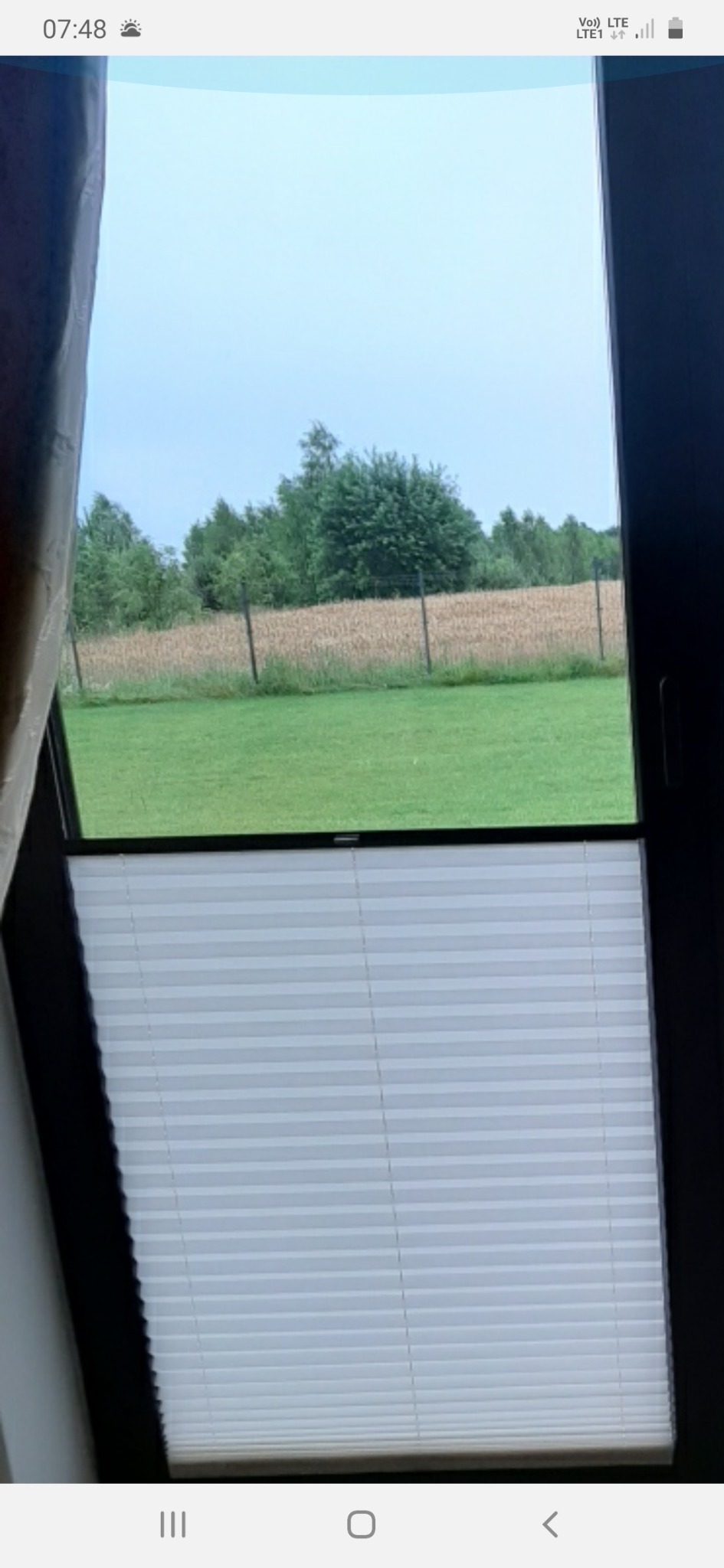 Zasłonięte plisowane rolety okienne w kolorze białym, widok z okna na zielony trawnik, pole i drzewa w tle.