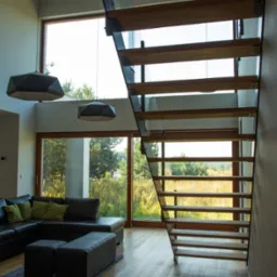 Nowoczesne wnętrze z drewnianymi schodami na metalowej konstrukcji, dużym oknem z widokiem na zieleń i skórzaną sofą z zielonymi poduszkami.