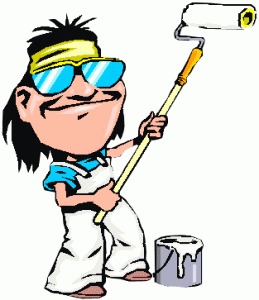 Karykaturalna postać malarza z wałkiem i wiadrem białej farby, ubrana w biały kombinezon i okulary przeciwsłoneczne.