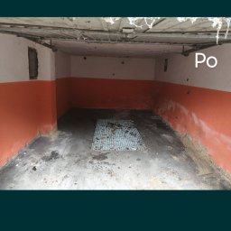 Jhhh - Wnętrze piwnicy po sprzątaniu: czysta podłoga i ściany pomalowane do połowy na pomarańczowo. Widoczny napis 'Po' sugeruje efekt sprzątania.