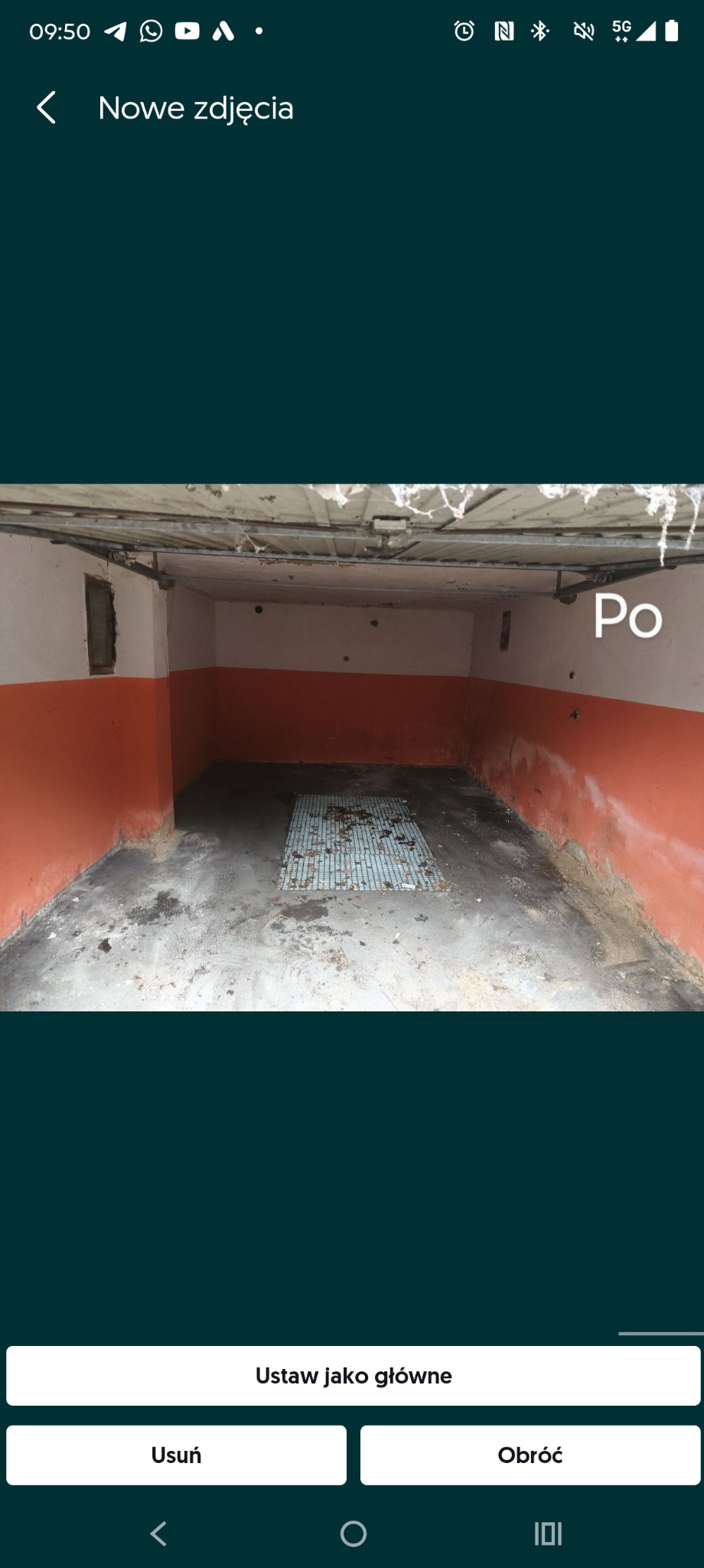 Wnętrze piwnicy po sprzątaniu: czysta podłoga i ściany pomalowane do połowy na pomarańczowo. Widoczny napis 'Po' sugeruje efekt sprzątania.