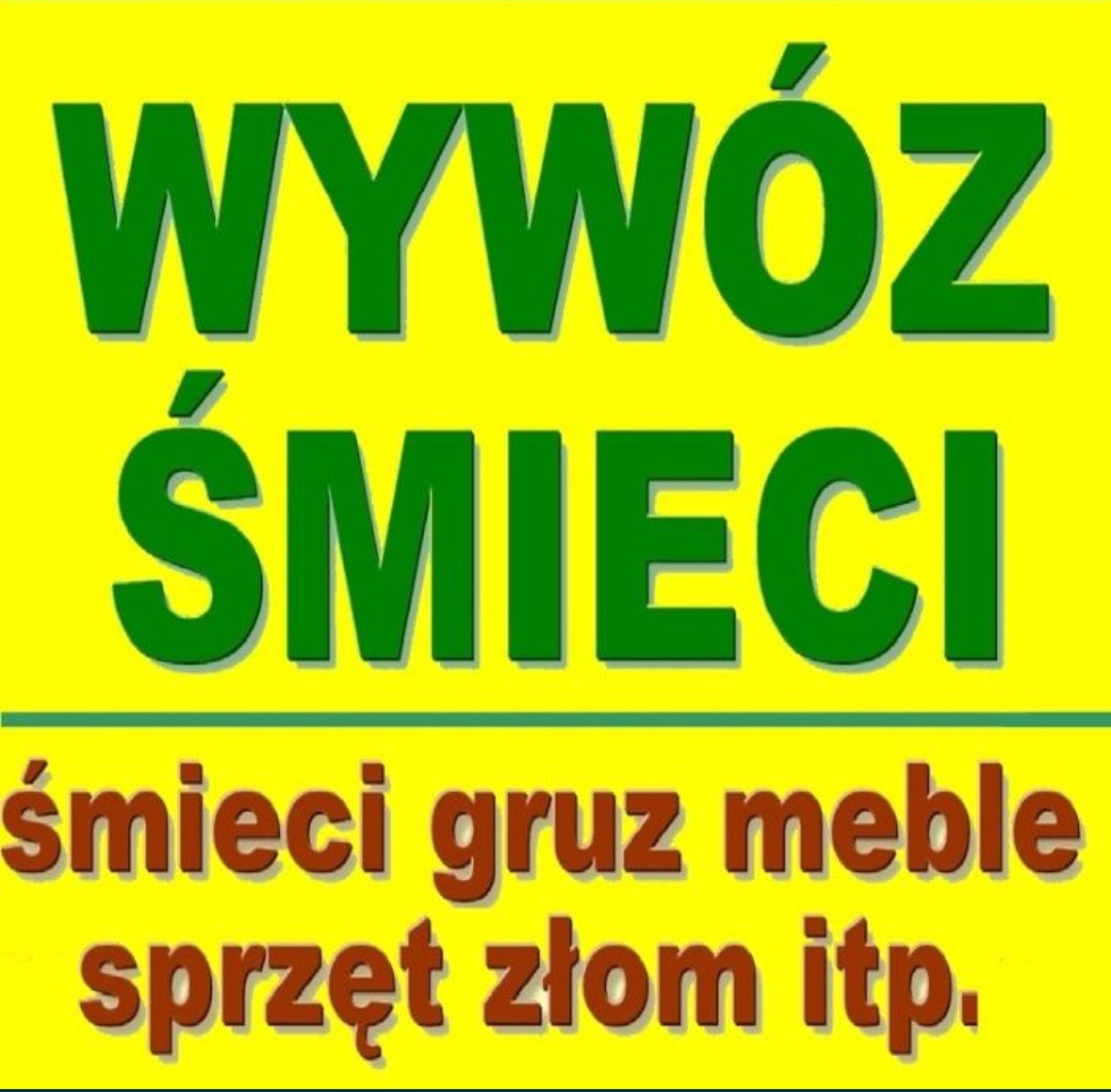 Żółty baner z zielonym napisem 'WYWÓZ ŚMIECI', poniżej lista: śmieci, gruz, meble, sprzęt, złom itp. Prosty krój pisma, czytelny przekaz.