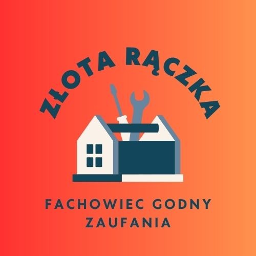 Grafika przedstawia logo firmy remontowej 'Złota Rączka' z motywem skrzynki narzędziowej w kształcie domu, zawierającej śrubokręt i klucz, na pomarańczowo-czerwonym tle.