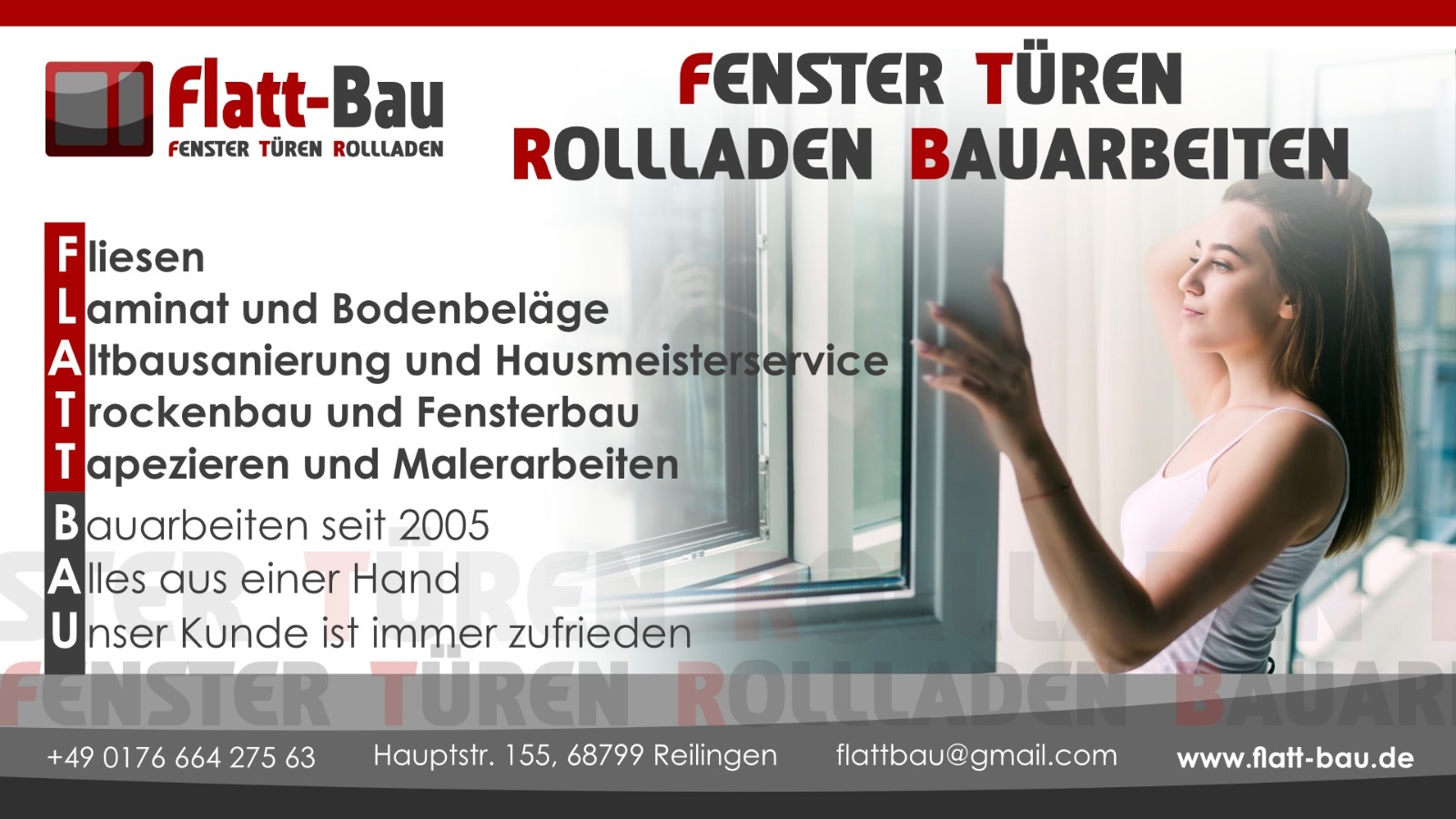 Reklama firmy budowlanej z młodą kobietą opierającą się o okno, widoczne logo firmy, zakres usług i dane kontaktowe.