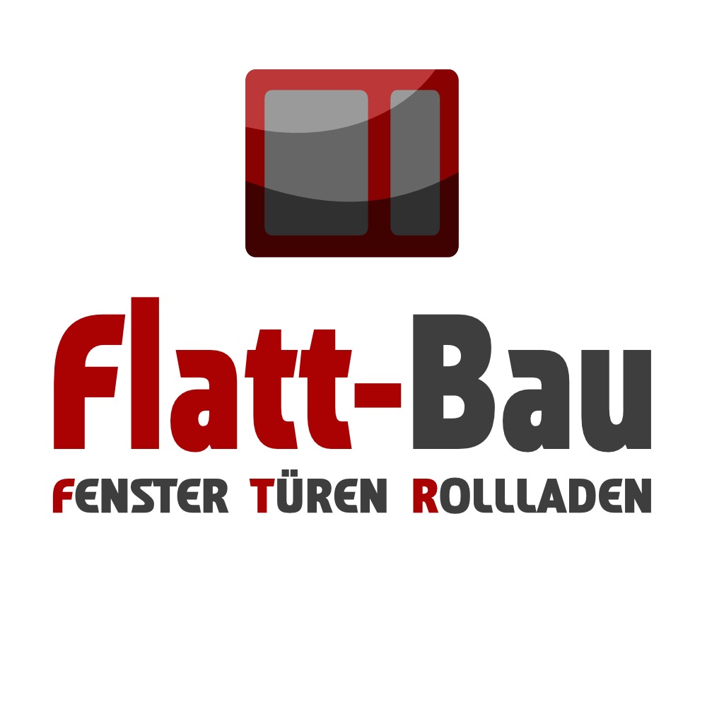 Logo firmy Flatt-Bau z ikoną okna i tekstem 'FENSTER TÜREN ROLLLADEN' w kolorach czerwonym i szarym.