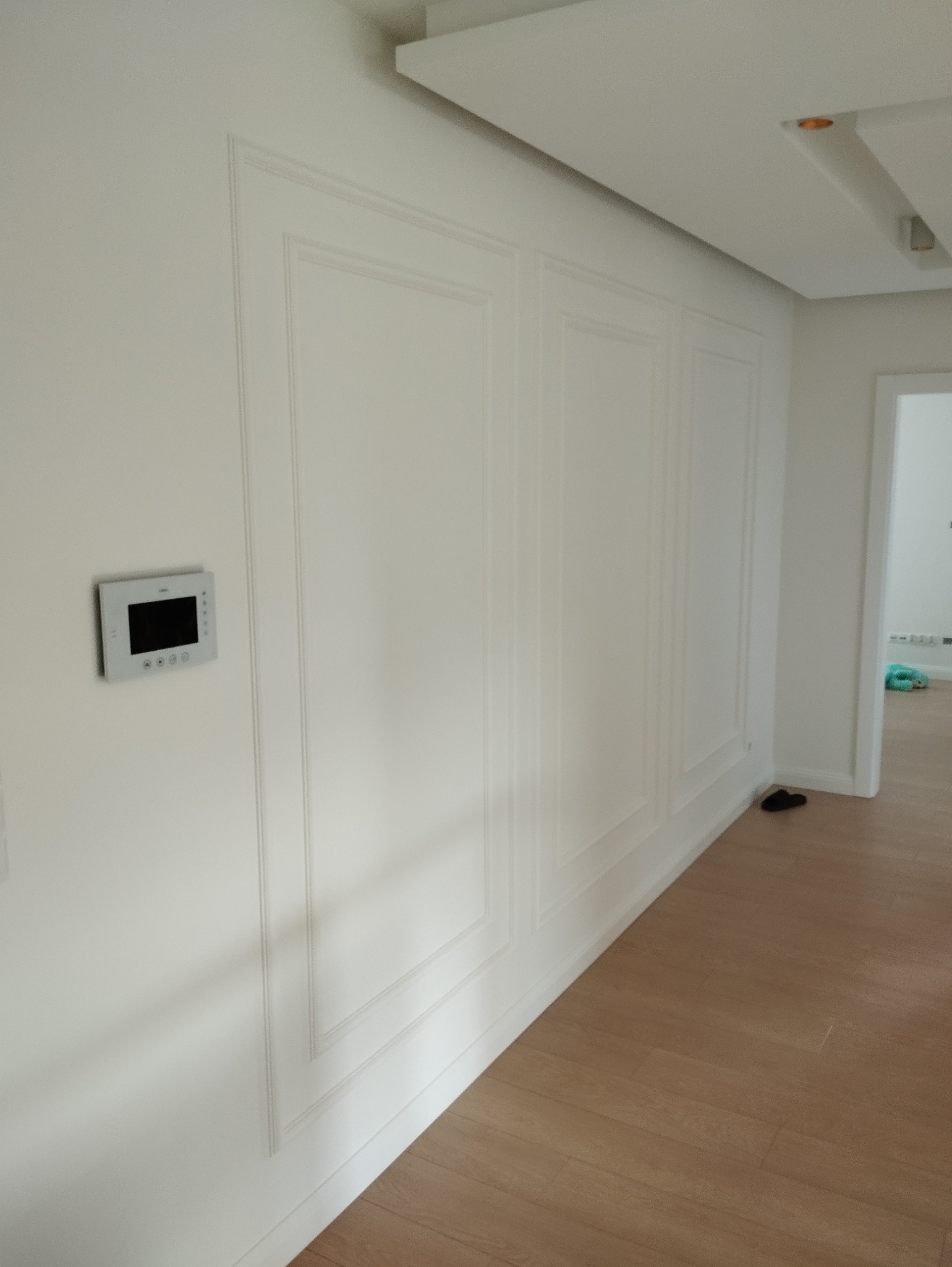 Biała ściana z dekoracyjnymi panelami i zamontowanym panelem sterowania domofonem. Parkiet na podłodze, widok na korytarz.