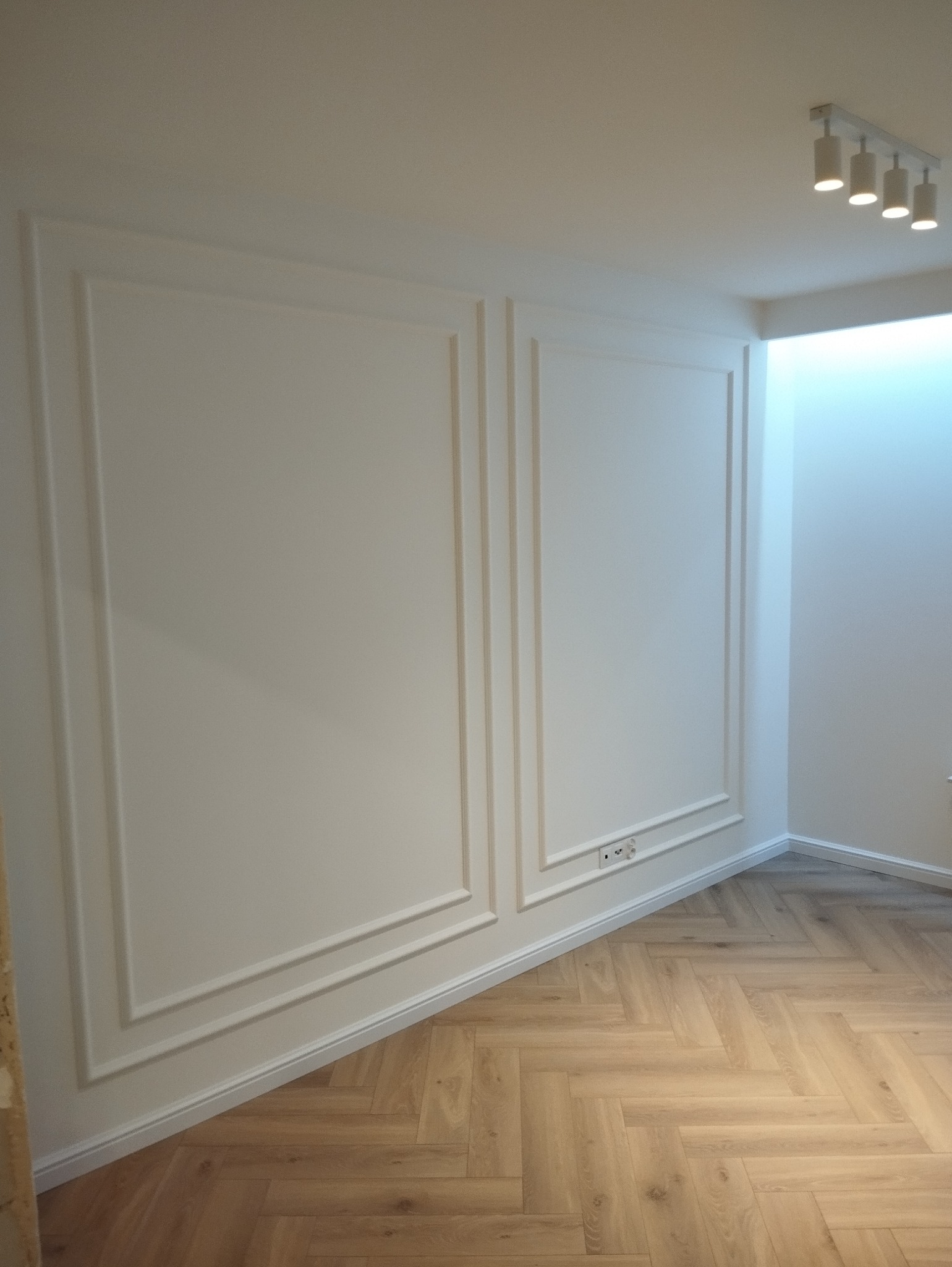 Białe ściany z dekoracyjnymi panelami i parkietem ułożonym w jodełkę. Widoczne gniazdka elektryczne i oświetlenie sufitowe.