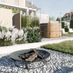 Wizualizacja wielopoziomowego ogrodu z drewnianą balią, paleniskiem wypełnionym drewnem, białymi kwitnącymi krzewami oraz elementami nowoczesnej architektury.