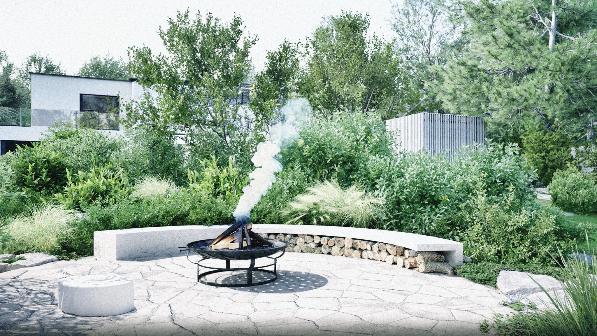 Wizualizacja ogrodu z paleniskiem otoczonym niską, betonową ławką z drewnem opałowym, bujna zieleń w tle i nowoczesny dom.