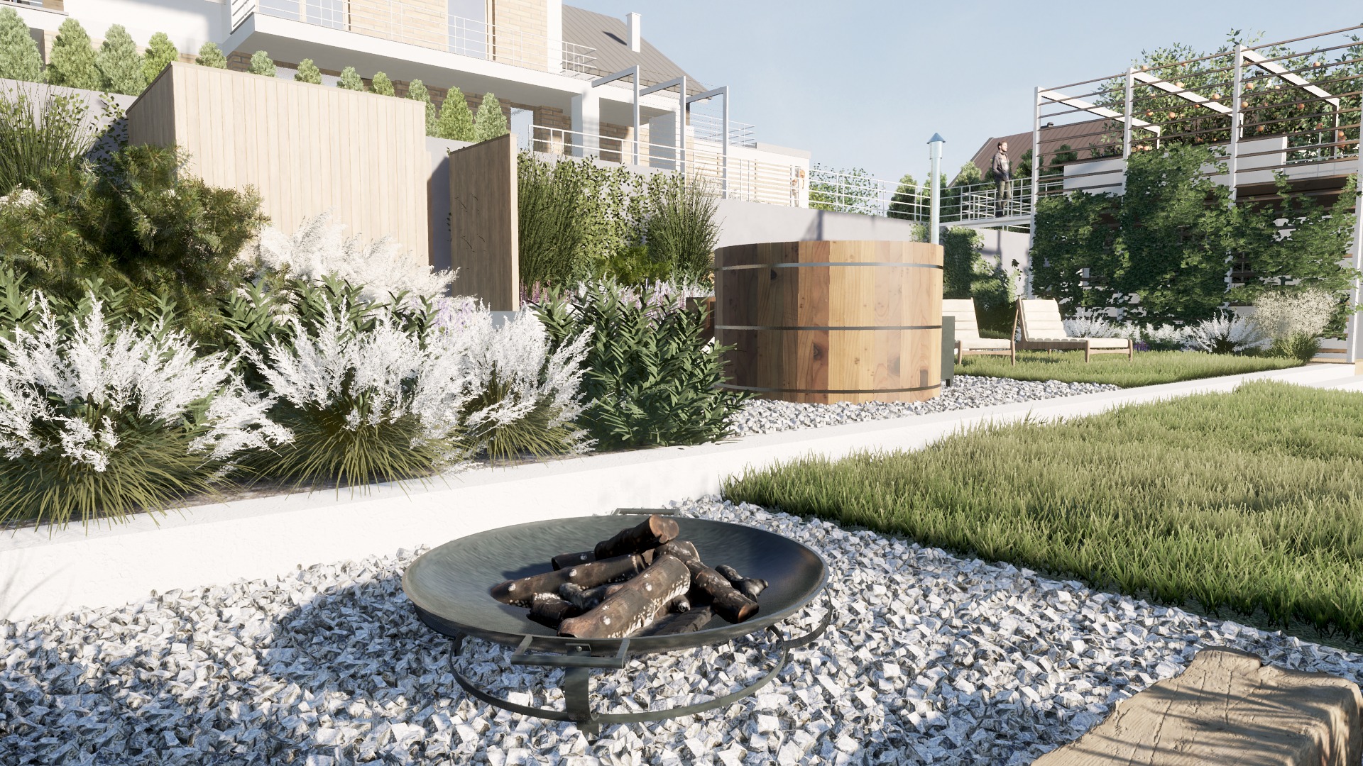 Wizualizacja wielopoziomowego ogrodu z drewnianą balią, paleniskiem wypełnionym drewnem, białymi kwitnącymi krzewami oraz elementami nowoczesnej architektury.