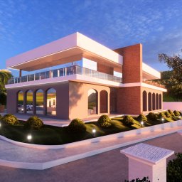 Witwicki Architekt - projekty elewacji - Wizualizacja budynku biurowego z ceglaną elewacją i tarasem, otoczonego zielenią i oświetleniem zewnętrznym, prezentowana w słoneczny dzień.