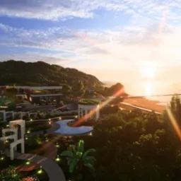 Wizualizacja budynku z ogrodem i basenem, widok na morze o zachodzie słońca. Architektura nowoczesna z elementami zieleni. Ujęcie z lotu ptaka.