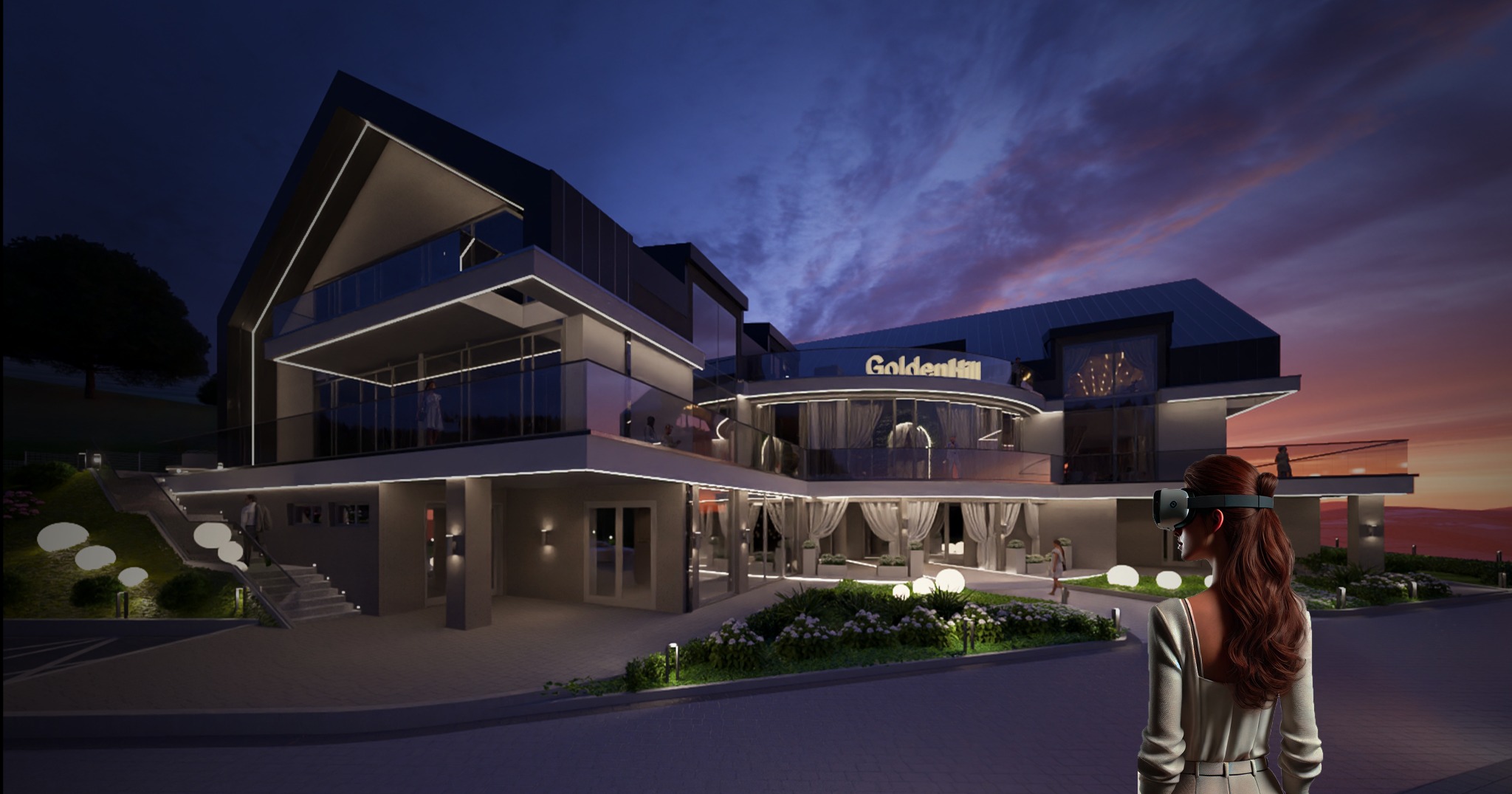 Nowoczesny budynek 'GoldenHill' oświetlony nocą, widziany przez kobietę w VR, prezentujący projekt elewacji z elementami szklanymi i minimalistycznym oświetleniem.