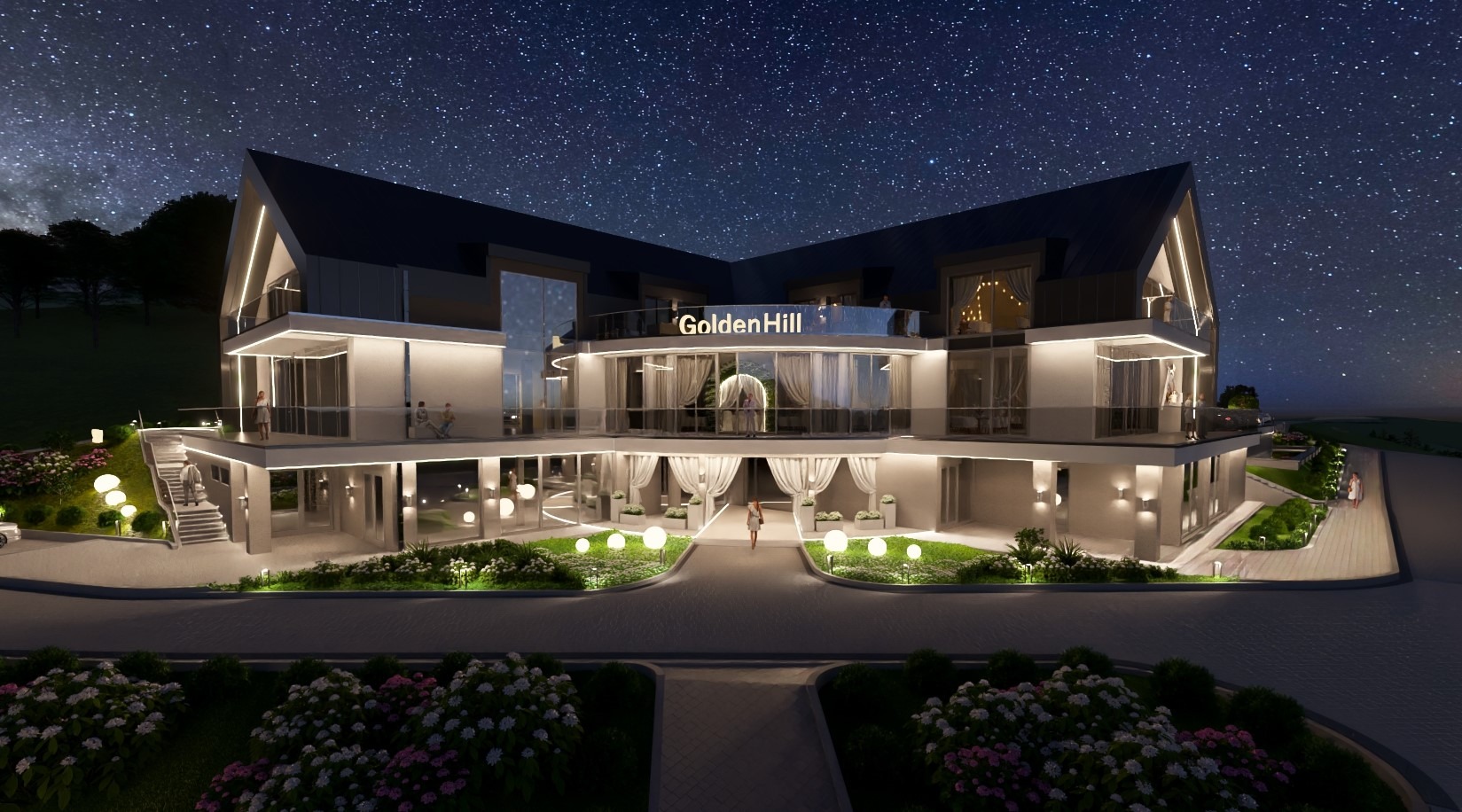 Nocna wizualizacja elewacji dwupiętrowego budynku z oświetleniem zewnętrznym i napisem 'Golden Hill' na szklanej balustradzie balkonu.