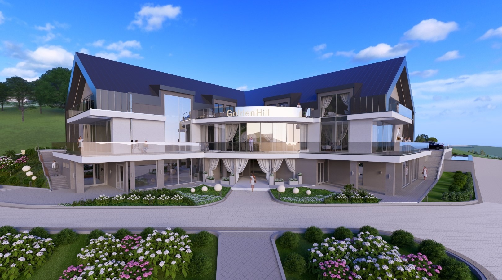Wizualizacja 3D nowoczesnego budynku z nazwą 'Golden Hill' na elewacji, z widocznymi balkonami, tarasami i starannie zaprojektowanym otoczeniem.