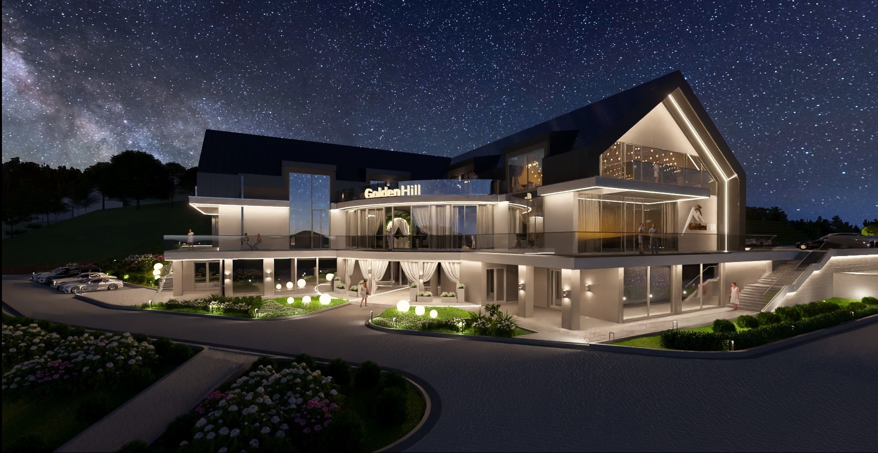 Nocna wizualizacja budynku Golden Hill z oświetloną elewacją, widok z zewnątrz, nowoczesna architektura, gwiazdy na niebie, eleganckie detale.