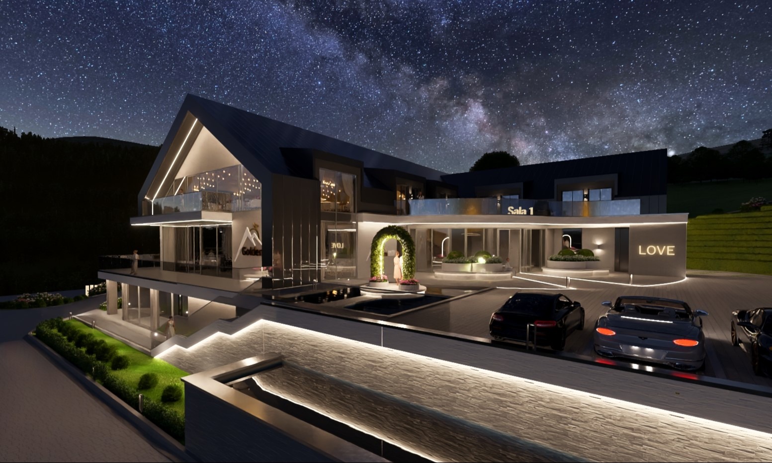 Nowoczesny budynek z podświetleniem LED i napisem 'LOVE' na tle nocnego nieba, wizualizacja elewacji.