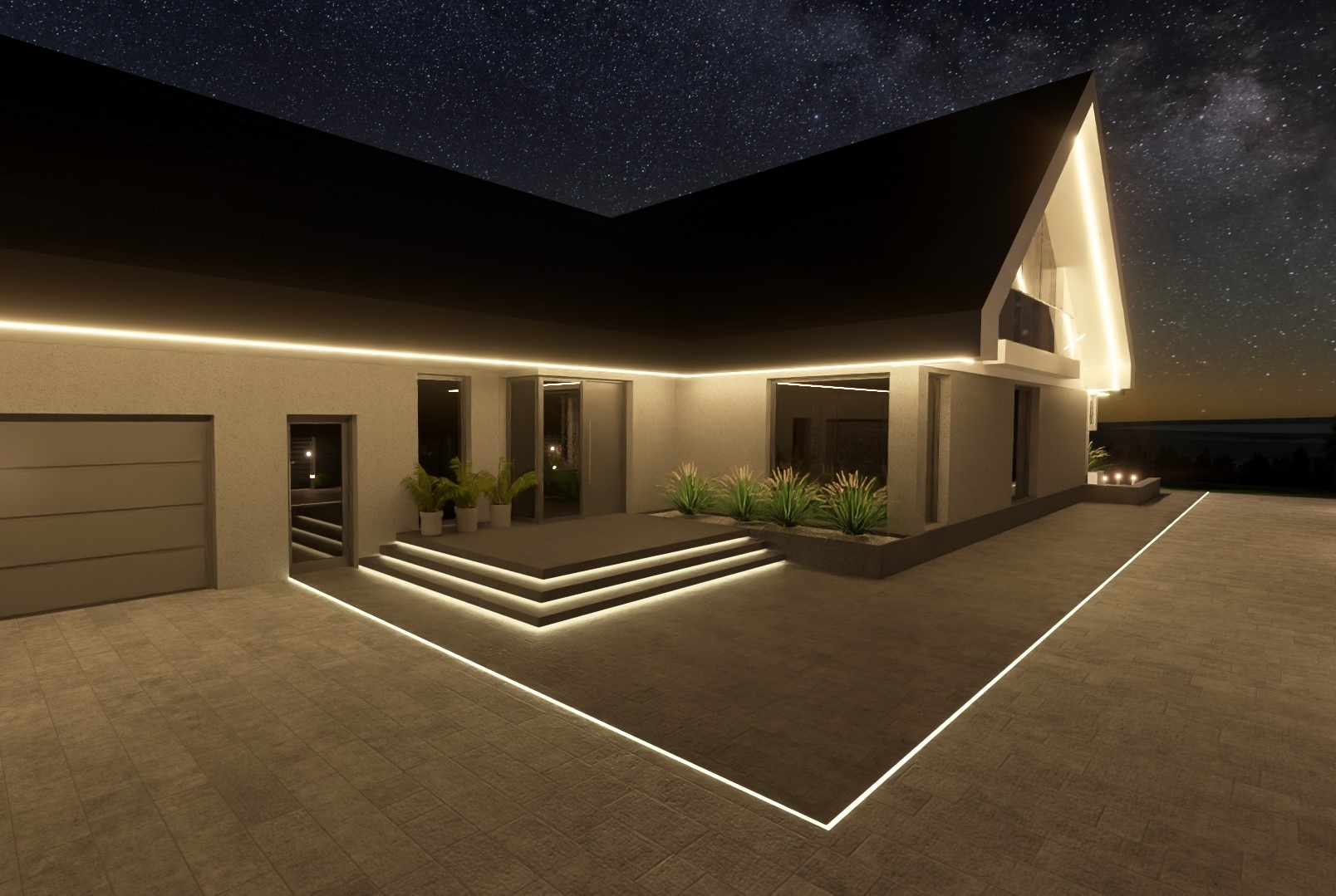 Nowoczesny dom z oświetleniem elewacyjnym LED i garażem, nocne ujęcie z gwiazdami. Minimalistyczny design, rośliny ozdobne przed wejściem.
