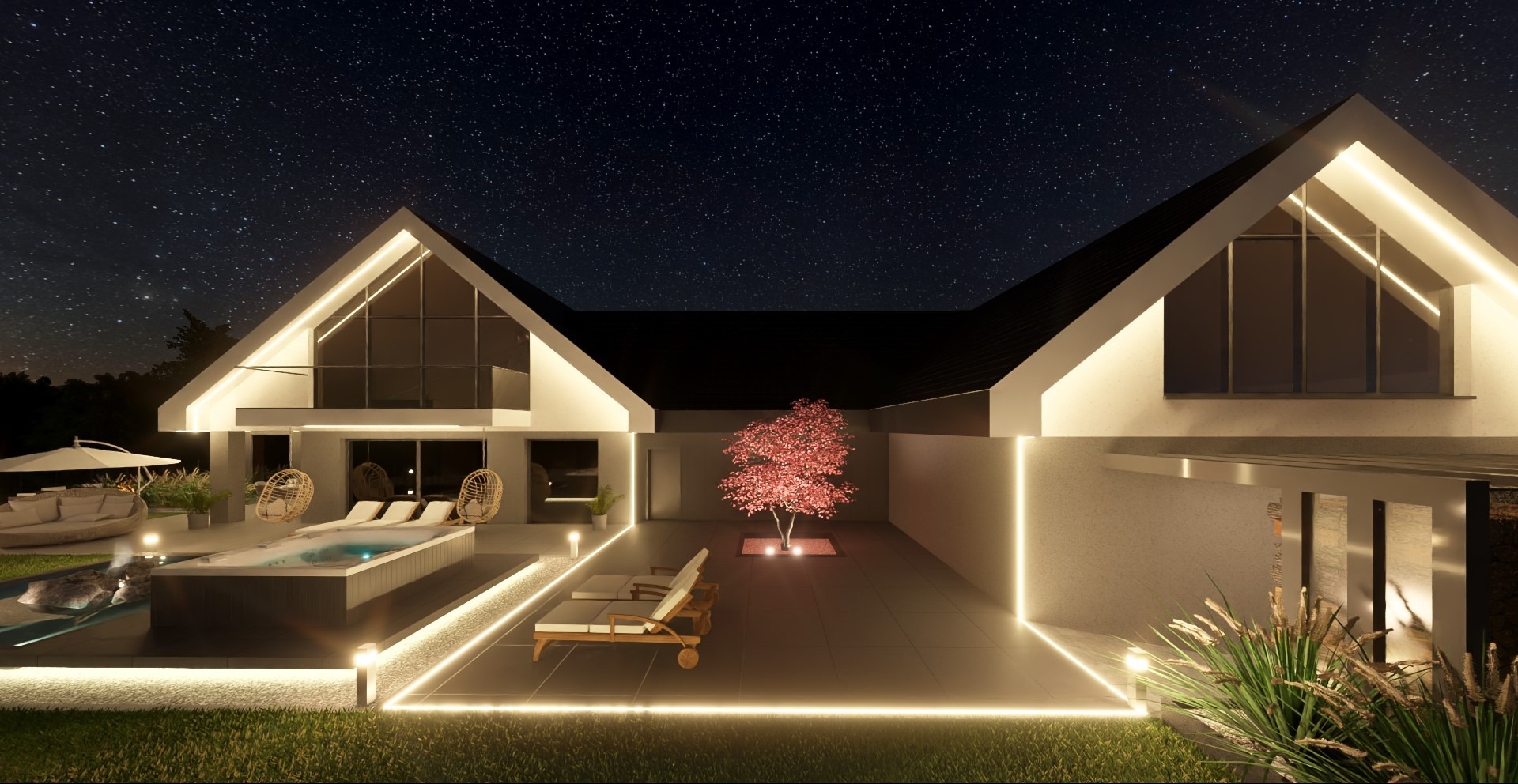 Nowoczesna elewacja domu z podświetleniem LED w Krakowie, widok nocny. Basen, leżaki i drzewo w ogrodzie. Minimalistyczny design i oświetlenie podkreślają architekturę.