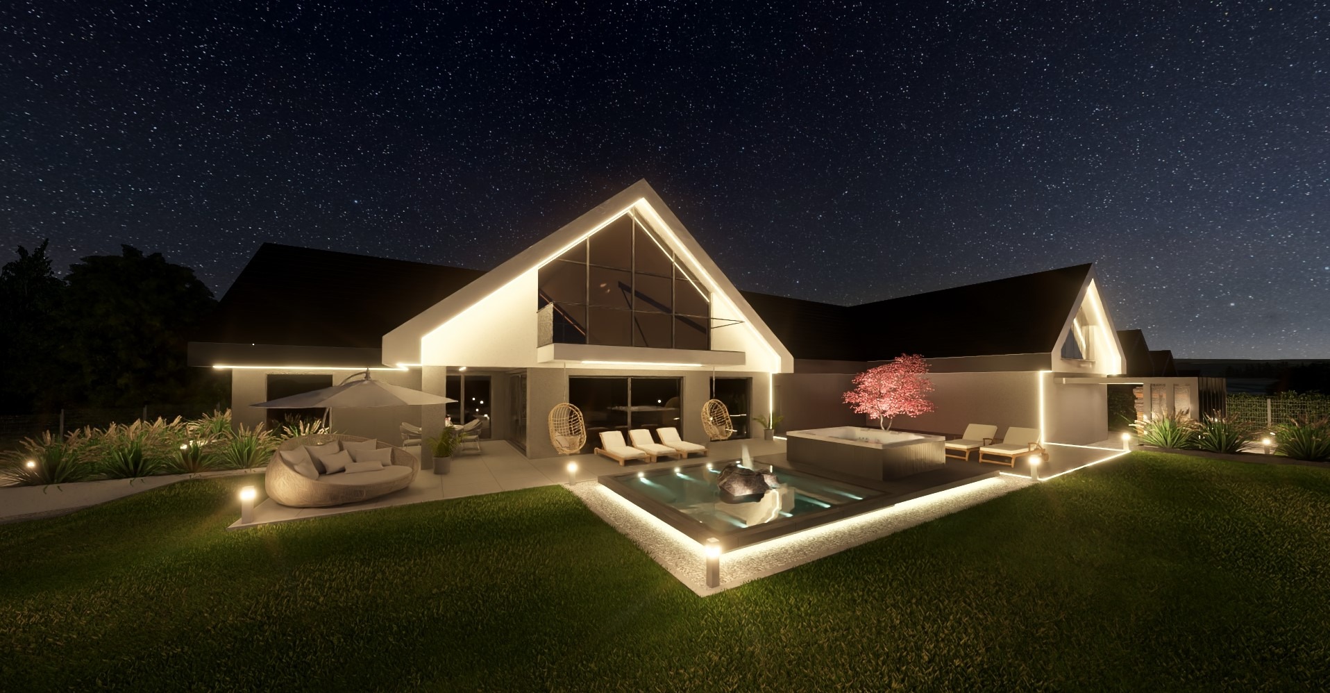 Nowoczesny dom z oświetloną elewacją i ogrodem nocą. Minimalistyczny design, basen z fontanną, gwiazdy na niebie. Wizualizacja projektu.