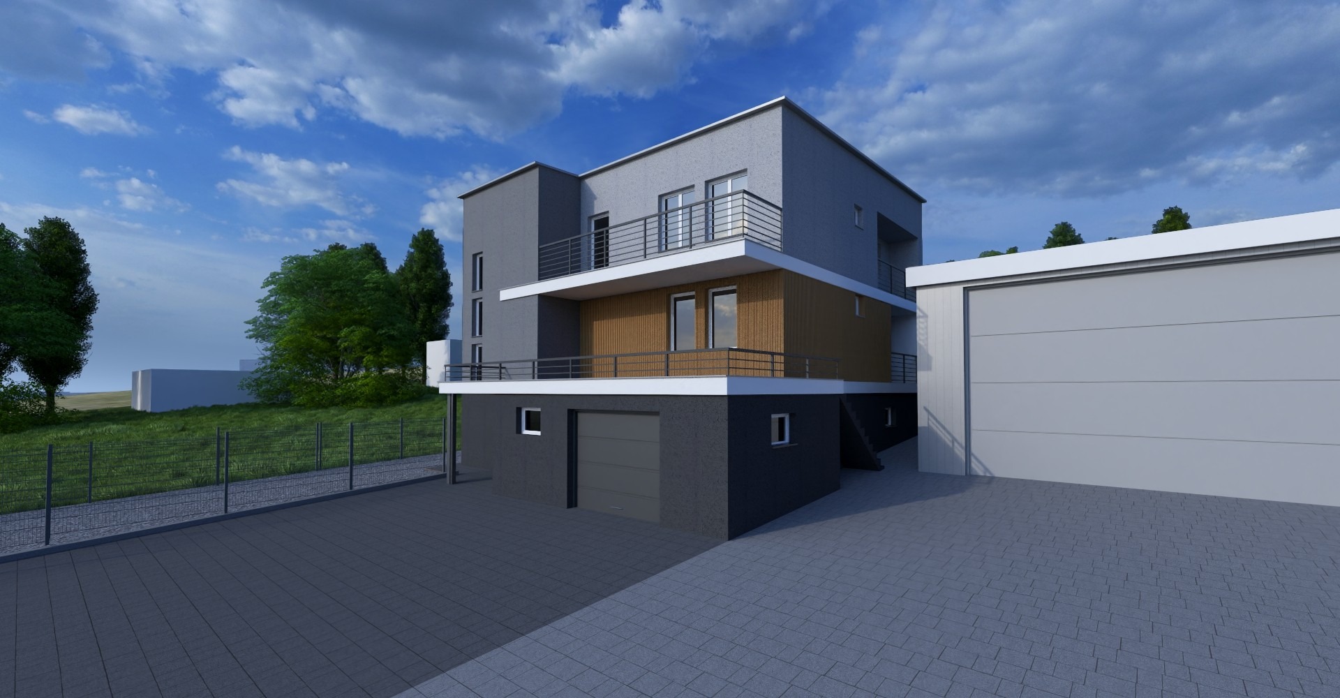 Wizualizacja dwukondygnacyjnego domu z balkonami, szarą elewacją i garażem, otoczonego zielenią i błękitnym niebem. Nowoczesna architektura z elementami drewna.