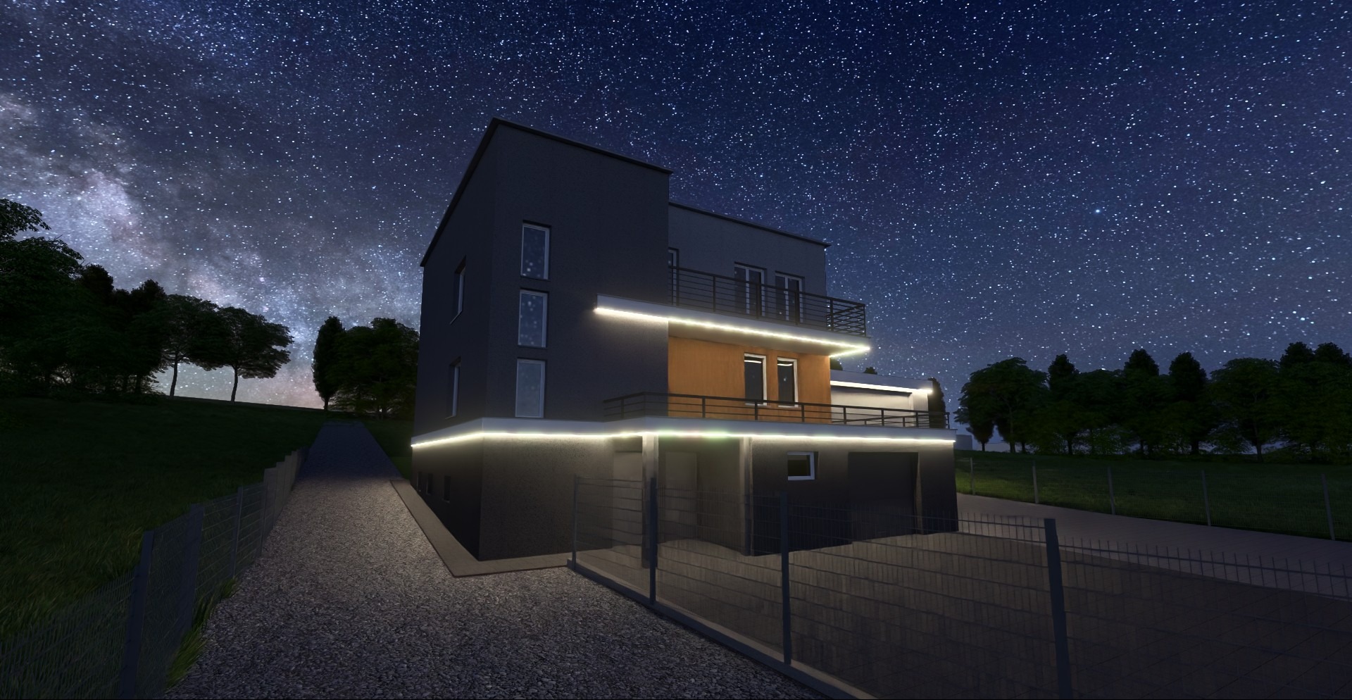 Dwupiętrowy dom z oświetleniem LED na tle nocnego nieba usianego gwiazdami. Widoczne drzewa i ogrodzenie. Ujęcie z dołu, podkreślające nowoczesny design.