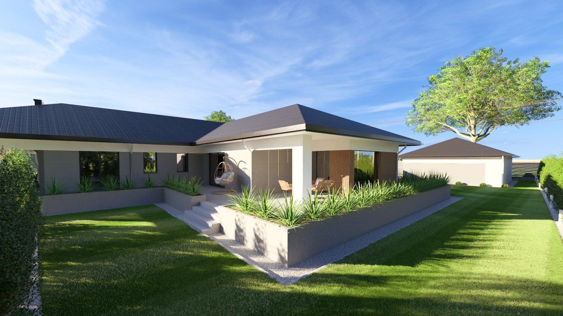 Wizualizacja parterowego domu z tarasem, ogrodem i garażem w stylu nowoczesnym. Widoczny fragment elewacji, meble ogrodowe i zieleń.