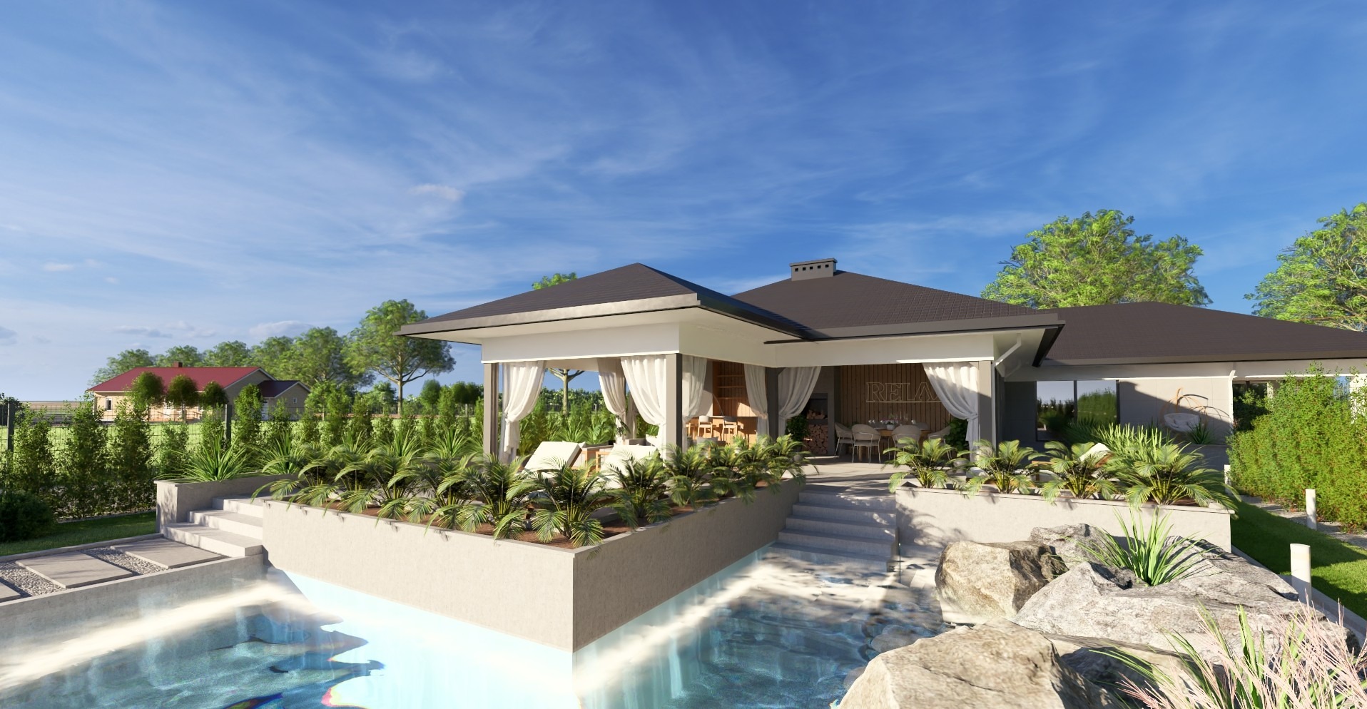 Wizualizacja domu z basenem, tarasem i ogrodem. Nowoczesna architektura z elementami dekoracyjnymi, zieleń, błękitne niebo. Ujęcie z niskiej perspektywy.