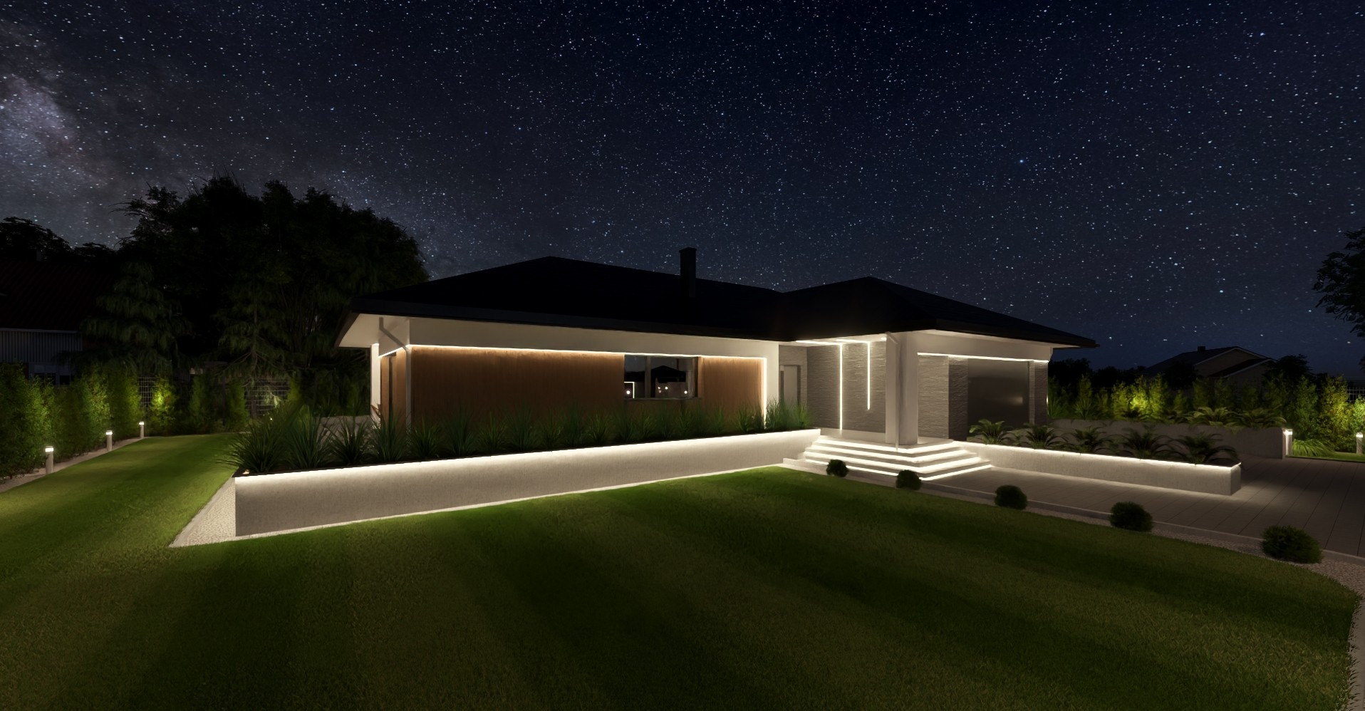 Nowoczesny dom z podświetloną elewacją i ogrodem nocą, widok z zewnątrz. Minimalistyczny design z elementami drewna i kamienia, oświetlenie podkreśla architekturę.