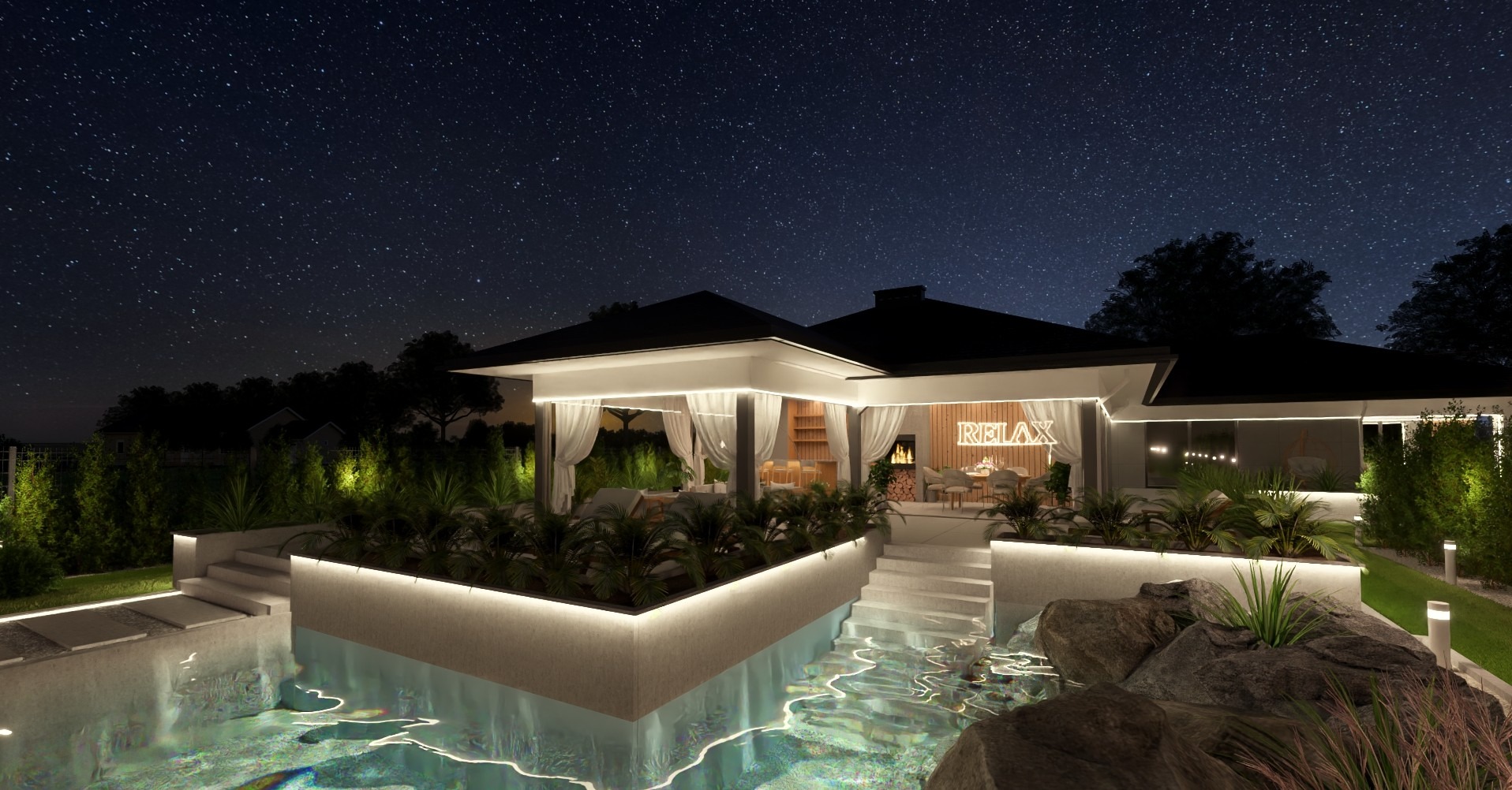 Nocna wizualizacja elewacji domu z basenem i oświetlonym napisem 'RELAX', otoczonego zielenią i gwiazdami.