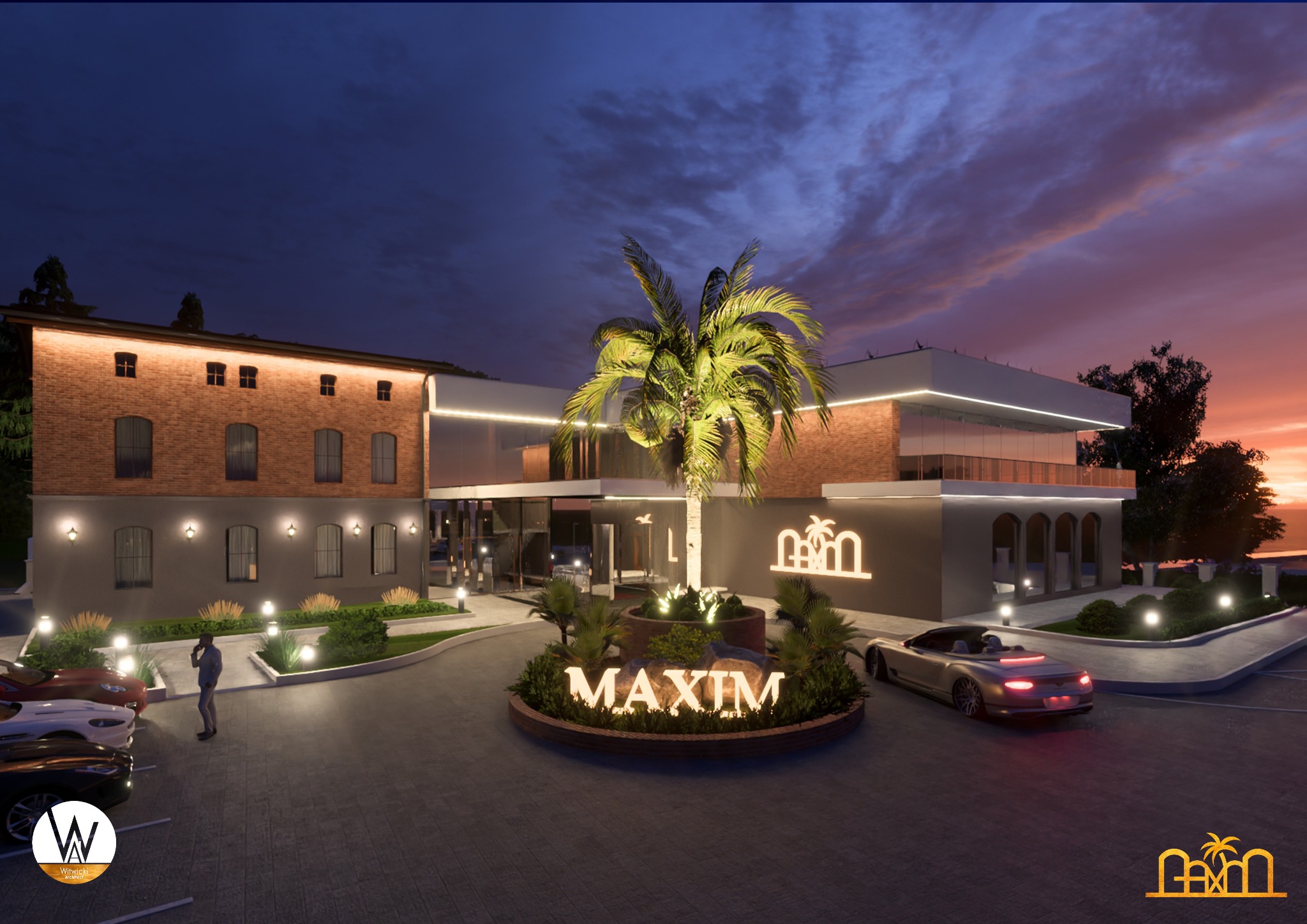 Nocna wizualizacja elewacji klubu Maxim z podświetlonym logo, palmą i luksusowymi autami. Projekt łączy nowoczesność ze stylem retro, podkreślony zachodem słońca.