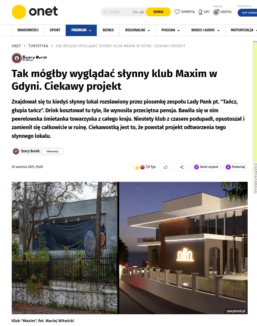 Projekt odtworzenia klubu Maxim w Gdyni: porównanie stanu obecnego (zaniedbany budynek) z wizualizacją nowoczesnej elewacji po remoncie.