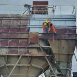 Pracownik w pomarańczowym kombinezonie i uprzęży alpinistycznej maluje konstrukcję przemysłową na wysokości, widoczny fragment pomalowanej na szaro powierzchni, rdzawe elementy konstrukcji w tle.