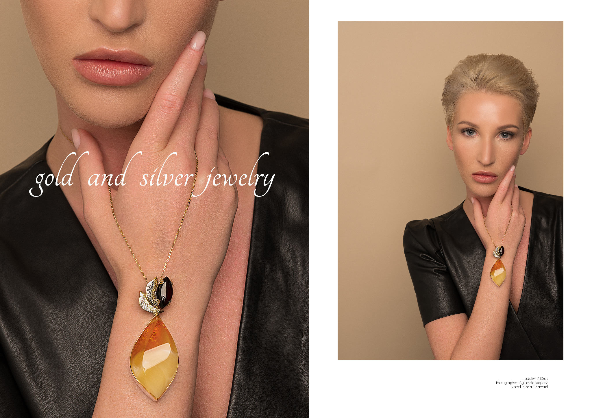 Portret kobiety z krótkimi blond włosami, prezentującej naszyjnik z bursztynowym wisiorkiem i elementami złota, ubrana w czarną skórzaną kurtkę na beżowym tle.