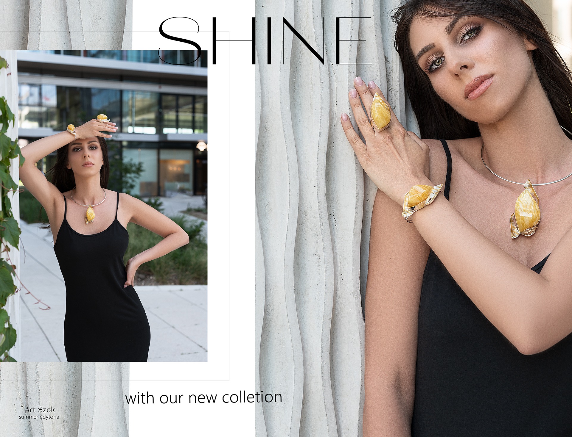 Kobieta w czarnej sukience prezentuje kolekcję biżuterii z bursztynu: pierścionek, bransoletkę i naszyjnik na tle nowoczesnej architektury i dekoracyjnej ściany.