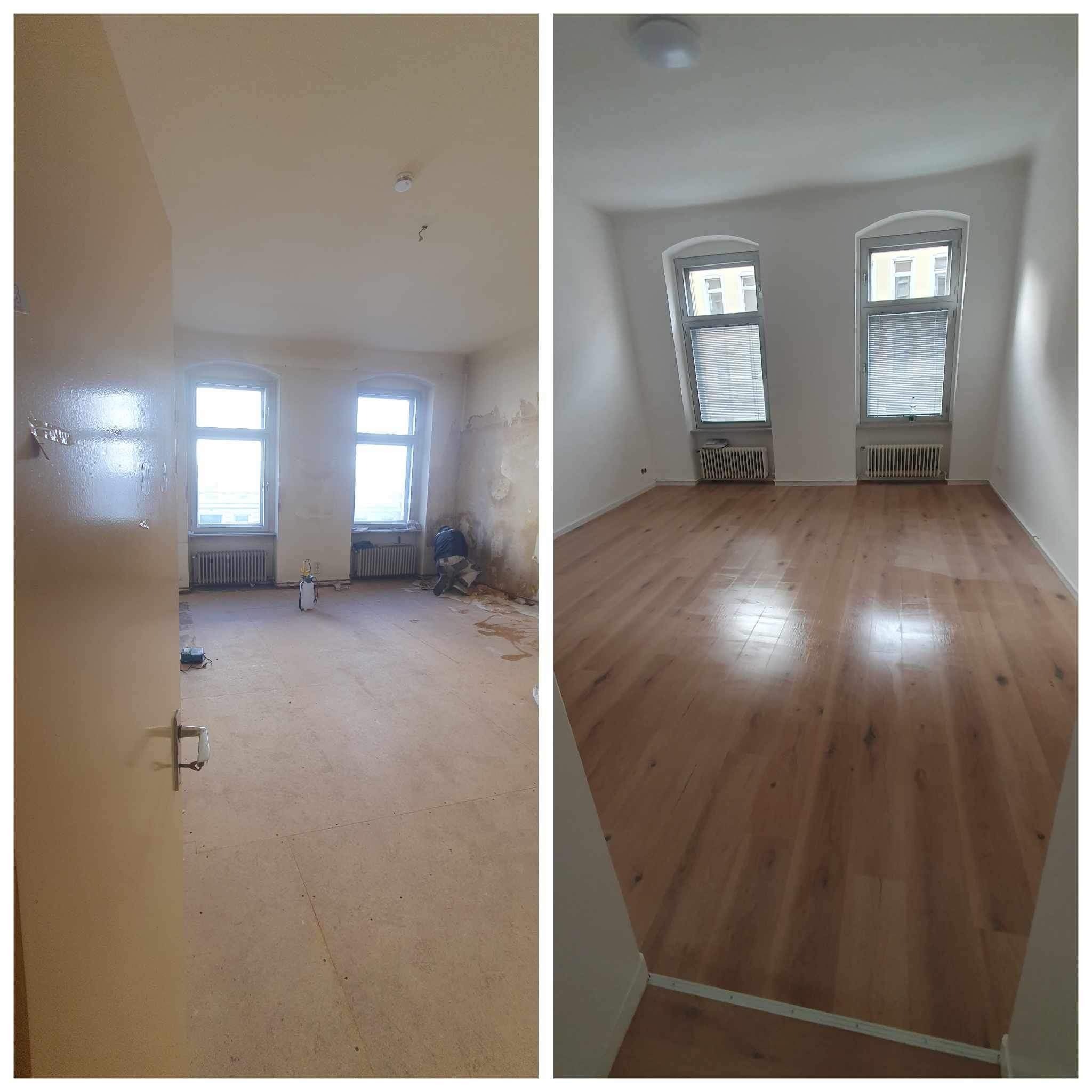 Porównanie pokoju przed i po renowacji: surowe ściany i podłoga kontra świeżo pomalowane ściany i nowa drewniana podłoga. Po lewej widoczny pracownik w trakcie pracy.
