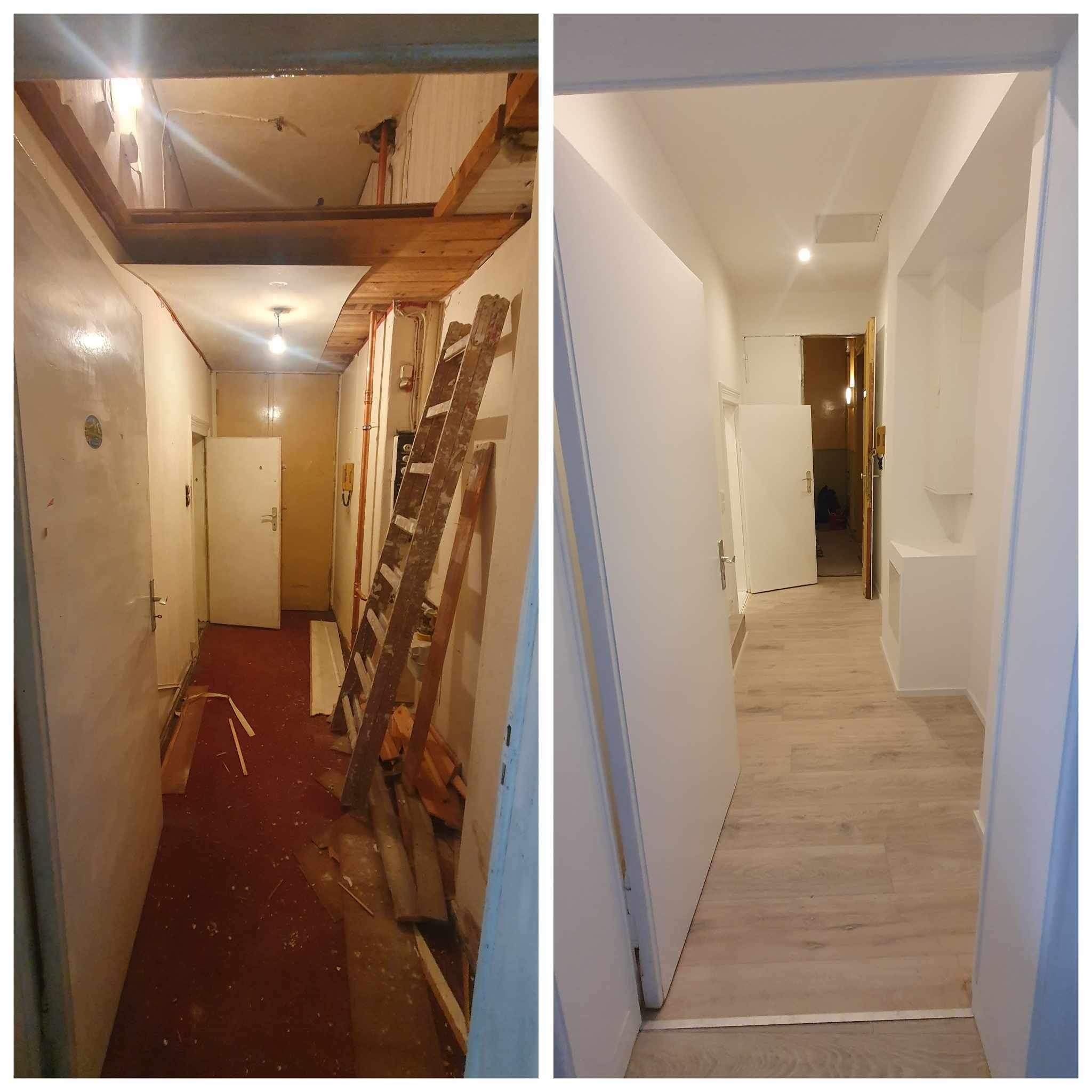Korytarz w mieszkaniu przed i po odnowieniu: po lewej widoczne odsłonięte instalacje, stara podłoga i drabina, po prawej odmalowane ściany, nowa podłoga i oświetlenie.